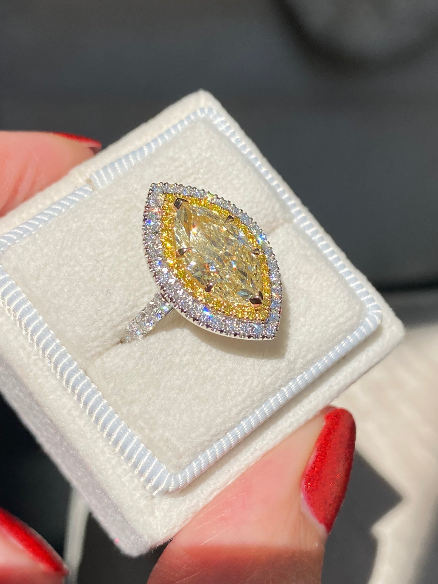 3.21 ctw Marquise Cut Natural Yellow Diamond Engagement Ring in Platinum and 18ct Yellow Gold