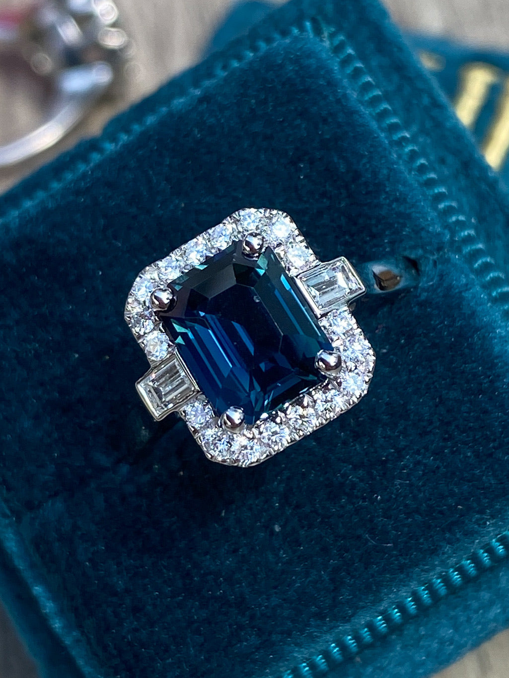 Carat Emerald Cut Teal Sapphire and Natural Diamond Halo Ring in Platinum