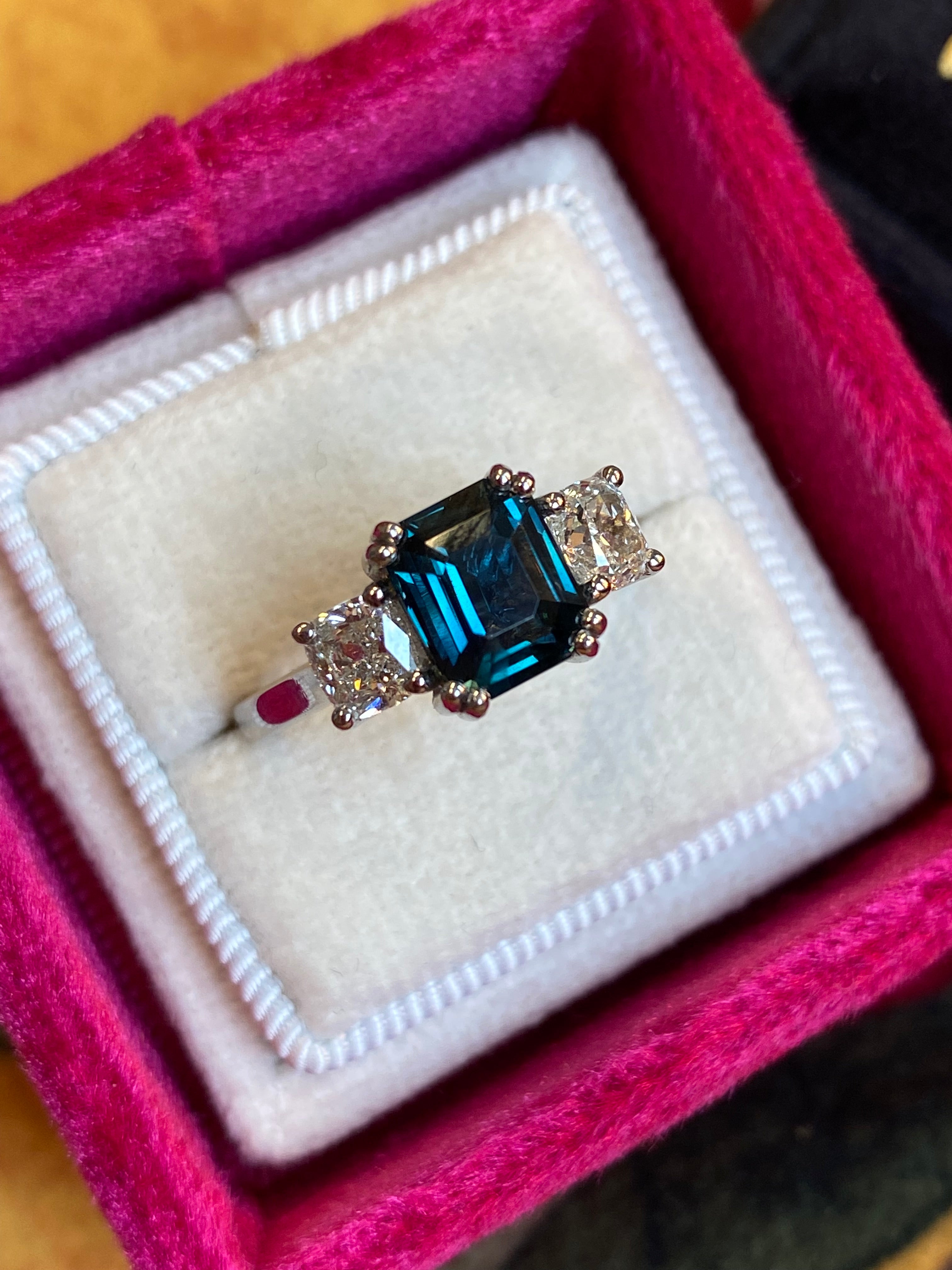 2.42 Carat Teal Sapphire and 0.97 CTW Natural Diamond Three Stone Ring in Platinum