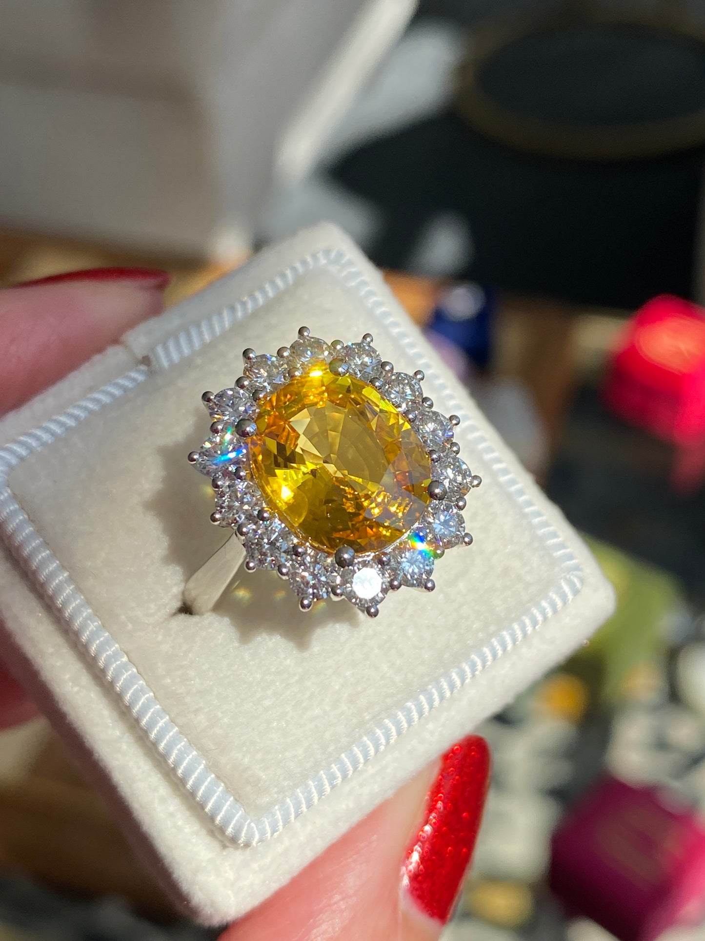 5.54 Carat Yellow Sapphire and 1.36ctw Natural Diamond Ring in Platinum