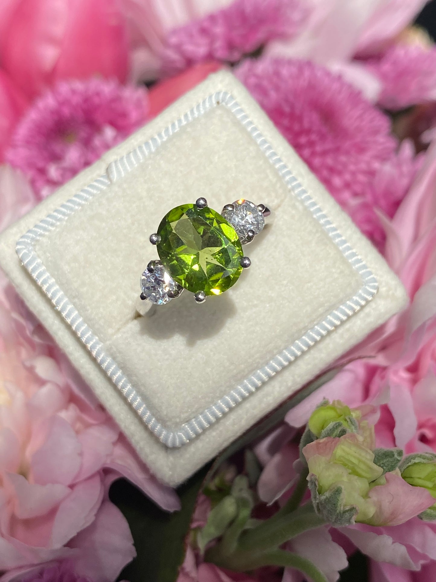 2.61 Carat Peridot and Natural Diamond Three Stone Ring