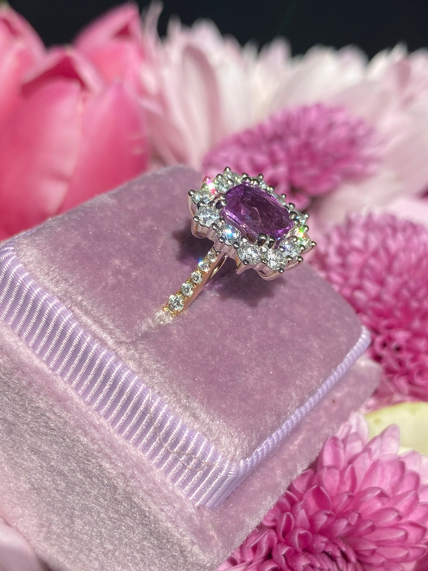 1.65 Carat Purple Sapphire and 0.85ctw Natural Diamond Halo Ring in Platinum and 18ct Gold