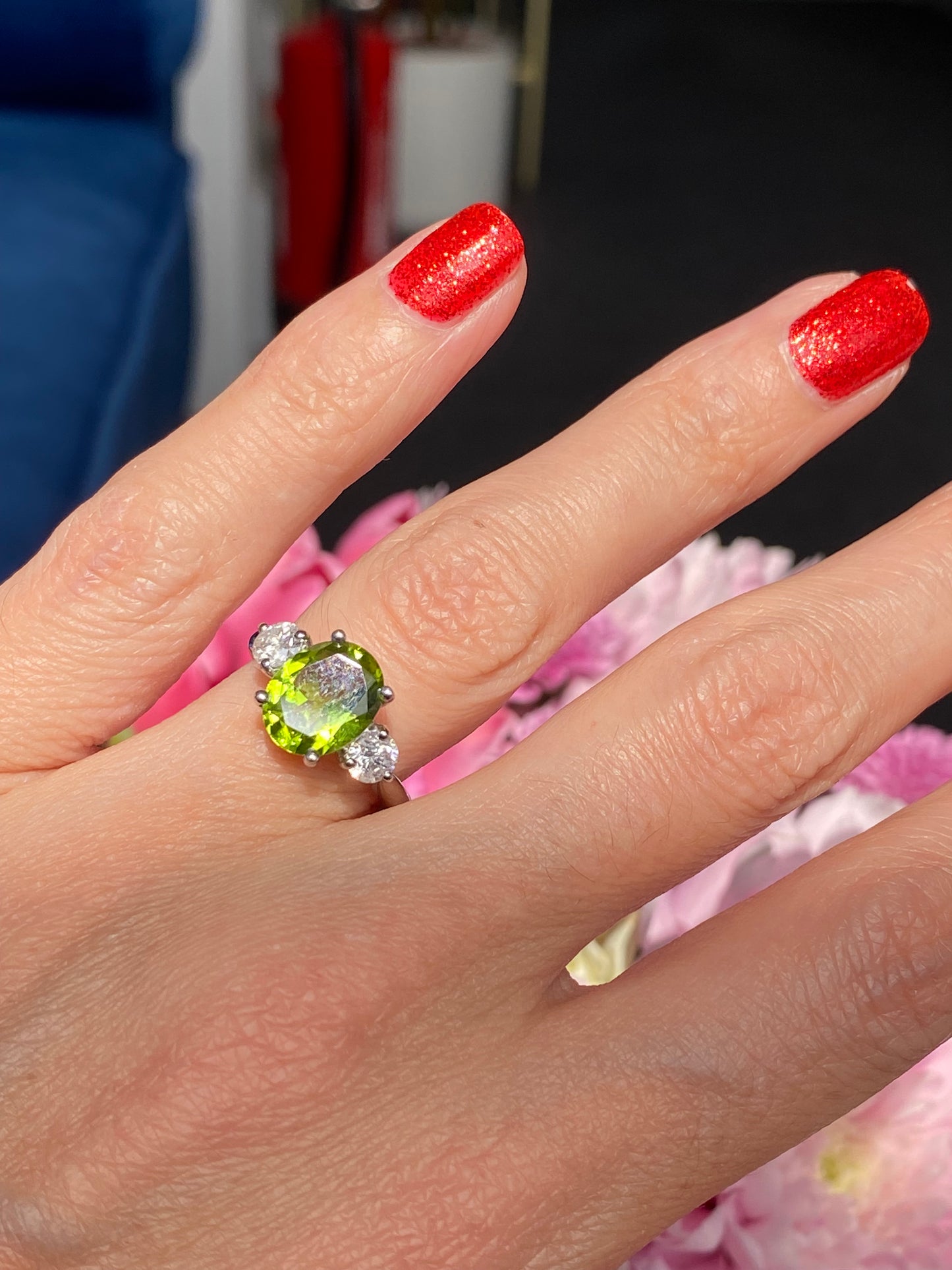 2.61 Carat Peridot and Natural Diamond Three Stone Ring