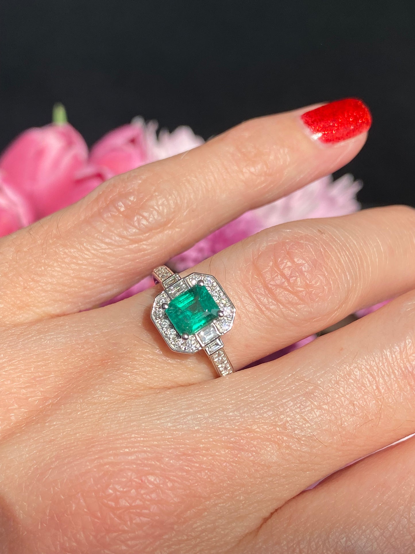 0.87 Carat Colombian Emerald and 0.46 ctw Natural Diamond Ring in Platinum