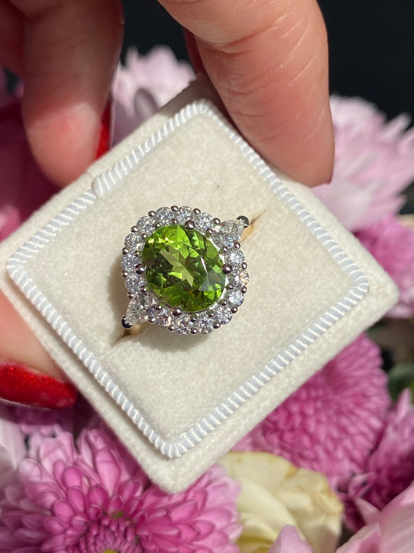 2.96 Carat Peridot and Natural Diamond Halo Ring in 18ct Yellow Gold