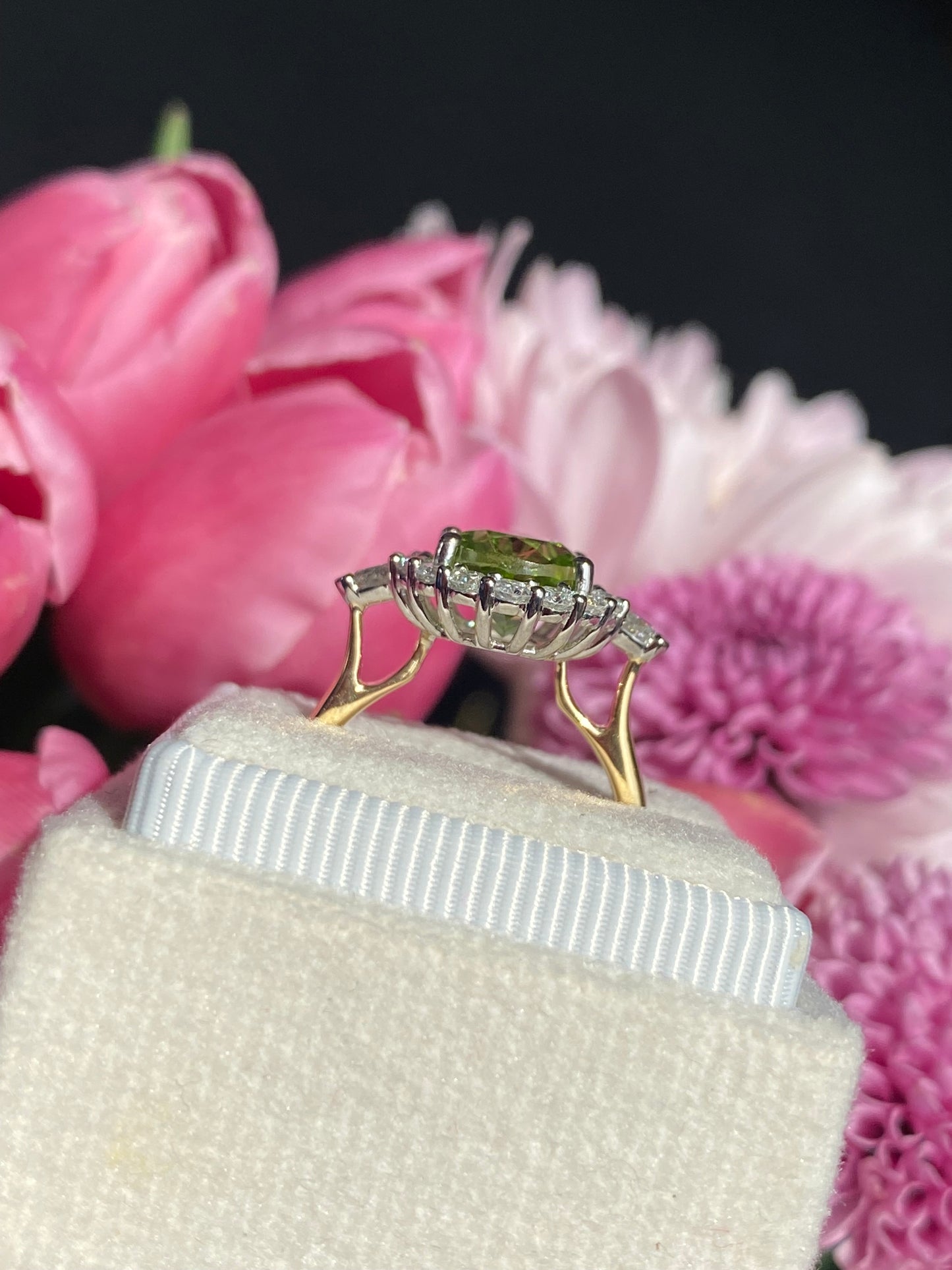 2.96 Carat Peridot and Natural Diamond Halo Ring in 18ct Yellow Gold