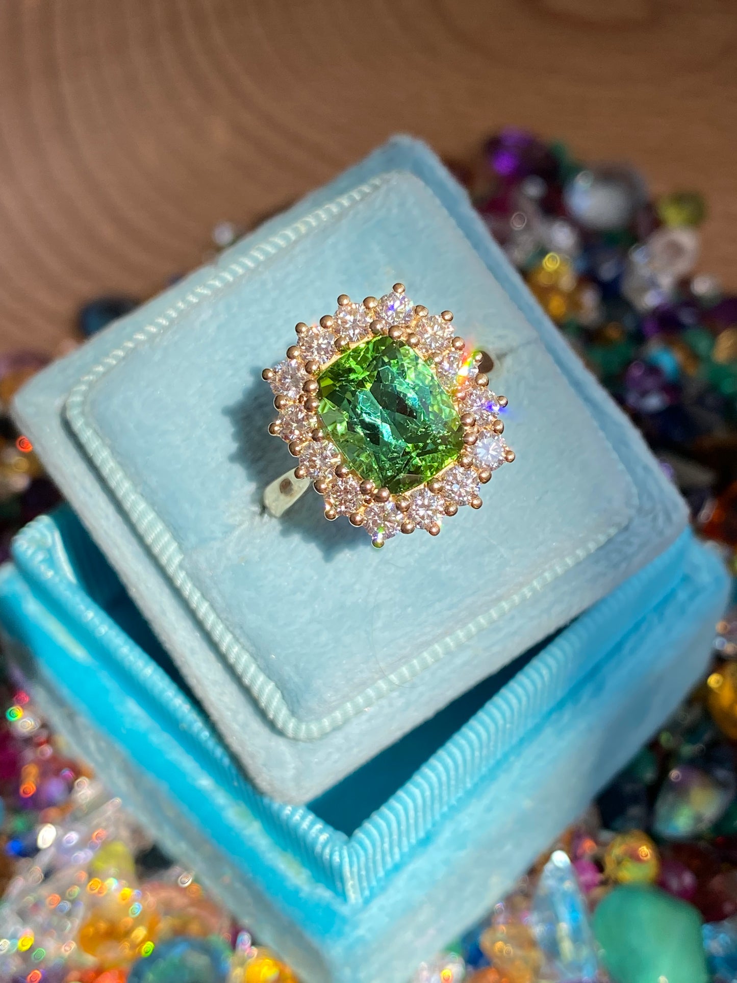 3.02 Carat Green Tourmaline and Natural Diamond Ring in 18ct Yellow Gold