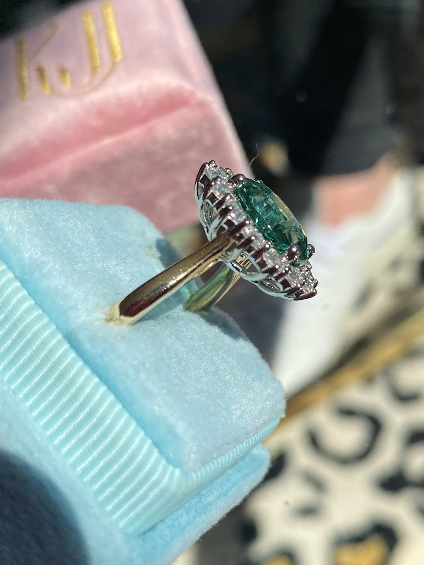 3.06 Carat Blue Tourmaline and Natural Diamond Halo Ring in Platinum and 18ct Yellow Gold