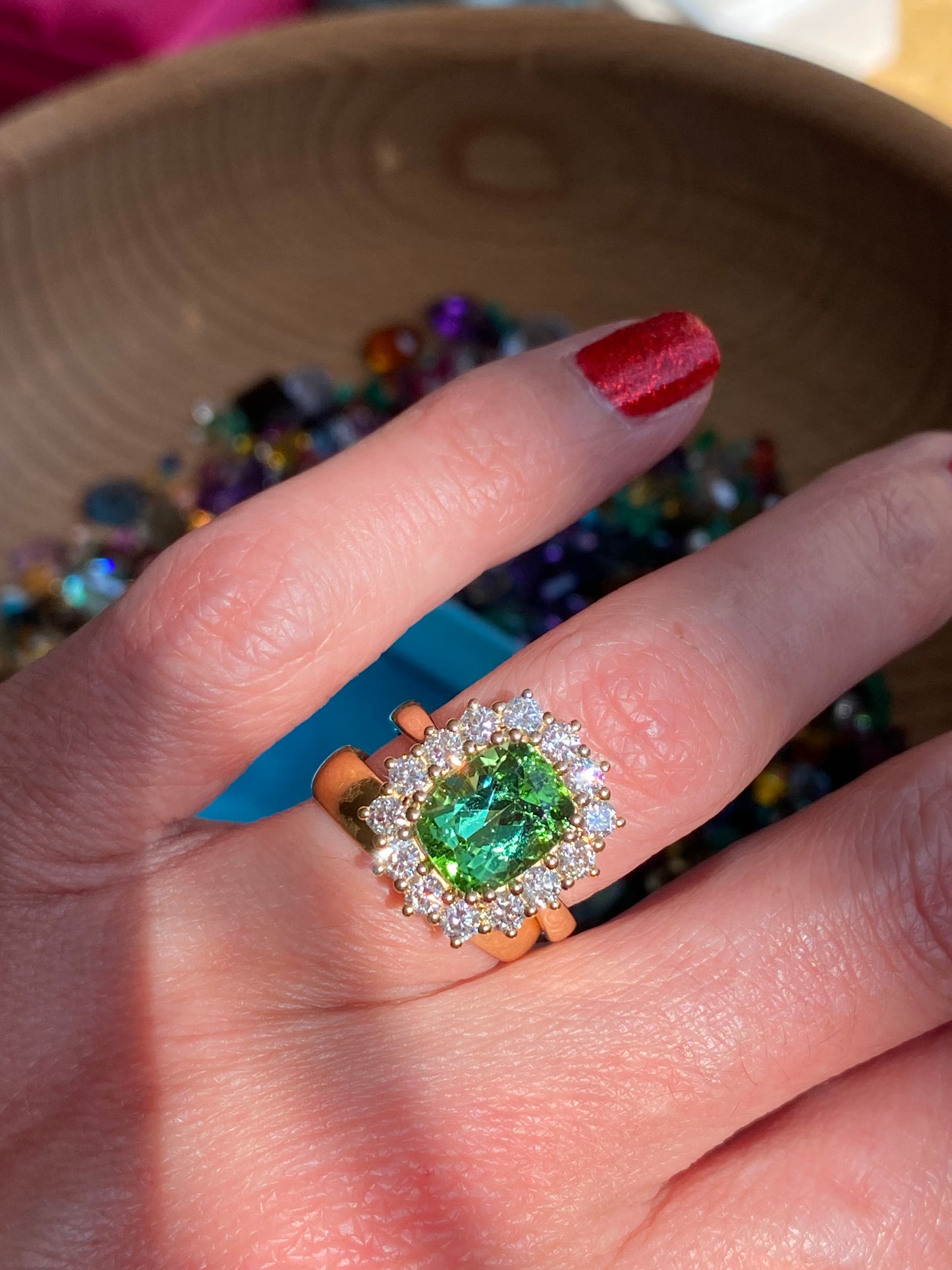 3.02 Carat Green Tourmaline and Natural Diamond Ring in 18ct Yellow Gold