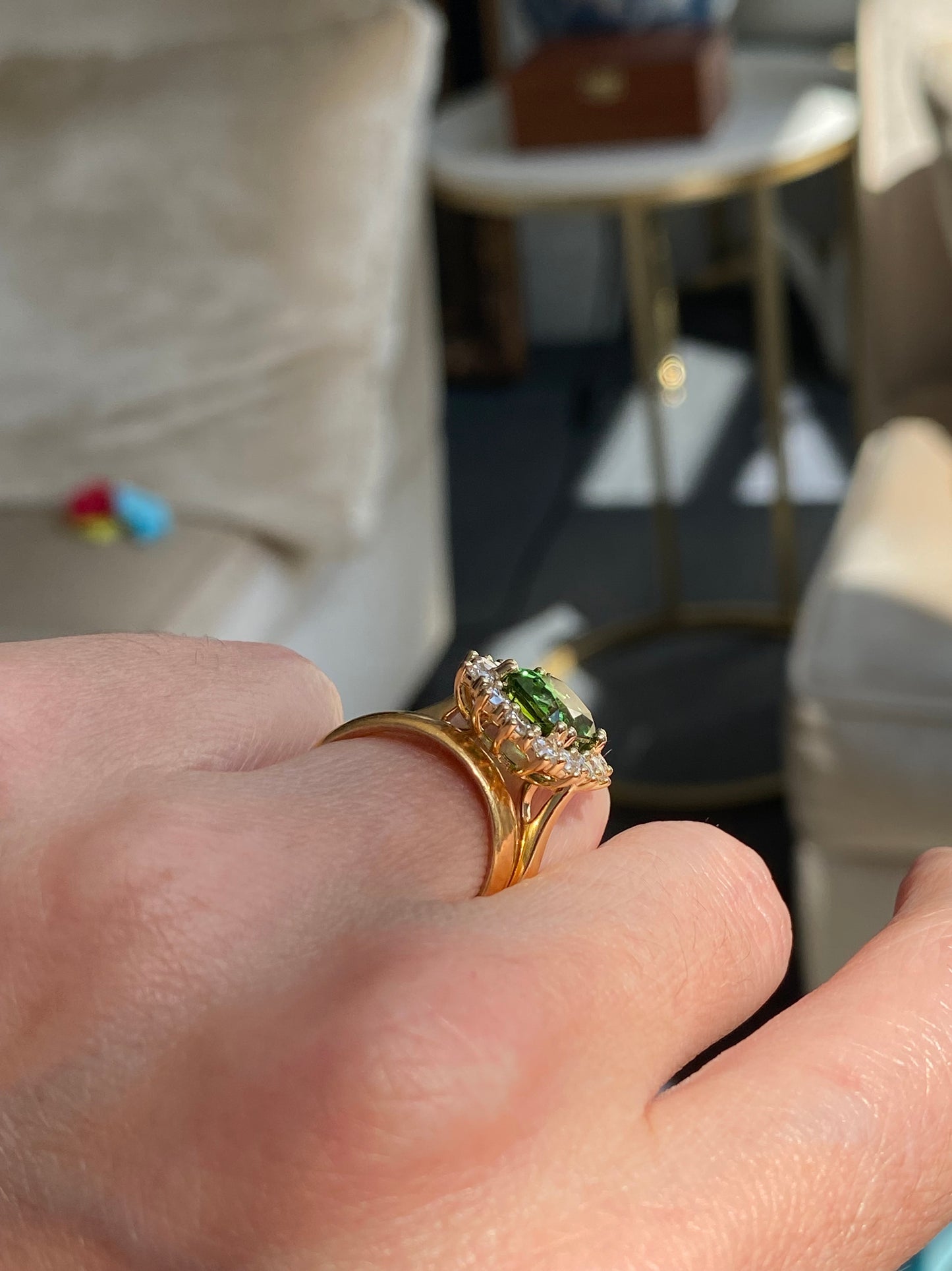 3.02 Carat Green Tourmaline and Natural Diamond Ring in 18ct Yellow Gold