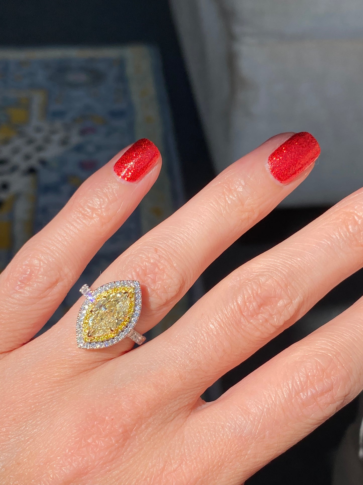 3.21 ctw Marquise Cut Natural Yellow Diamond Engagement Ring in Platinum and 18ct Yellow Gold