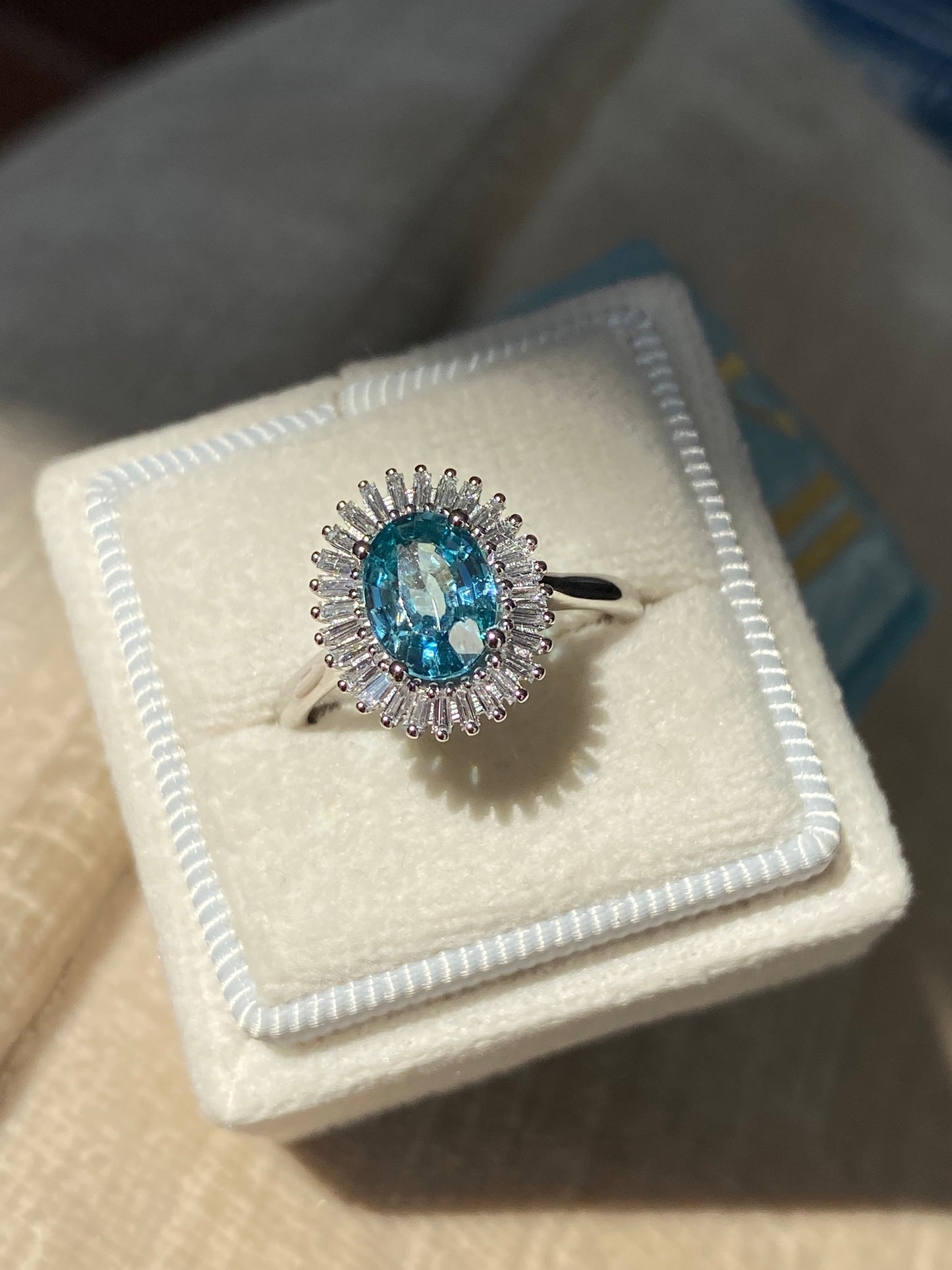 1.70 Carat Blue Zircon and Natural Diamond Starburst Halo Ring in Platinum