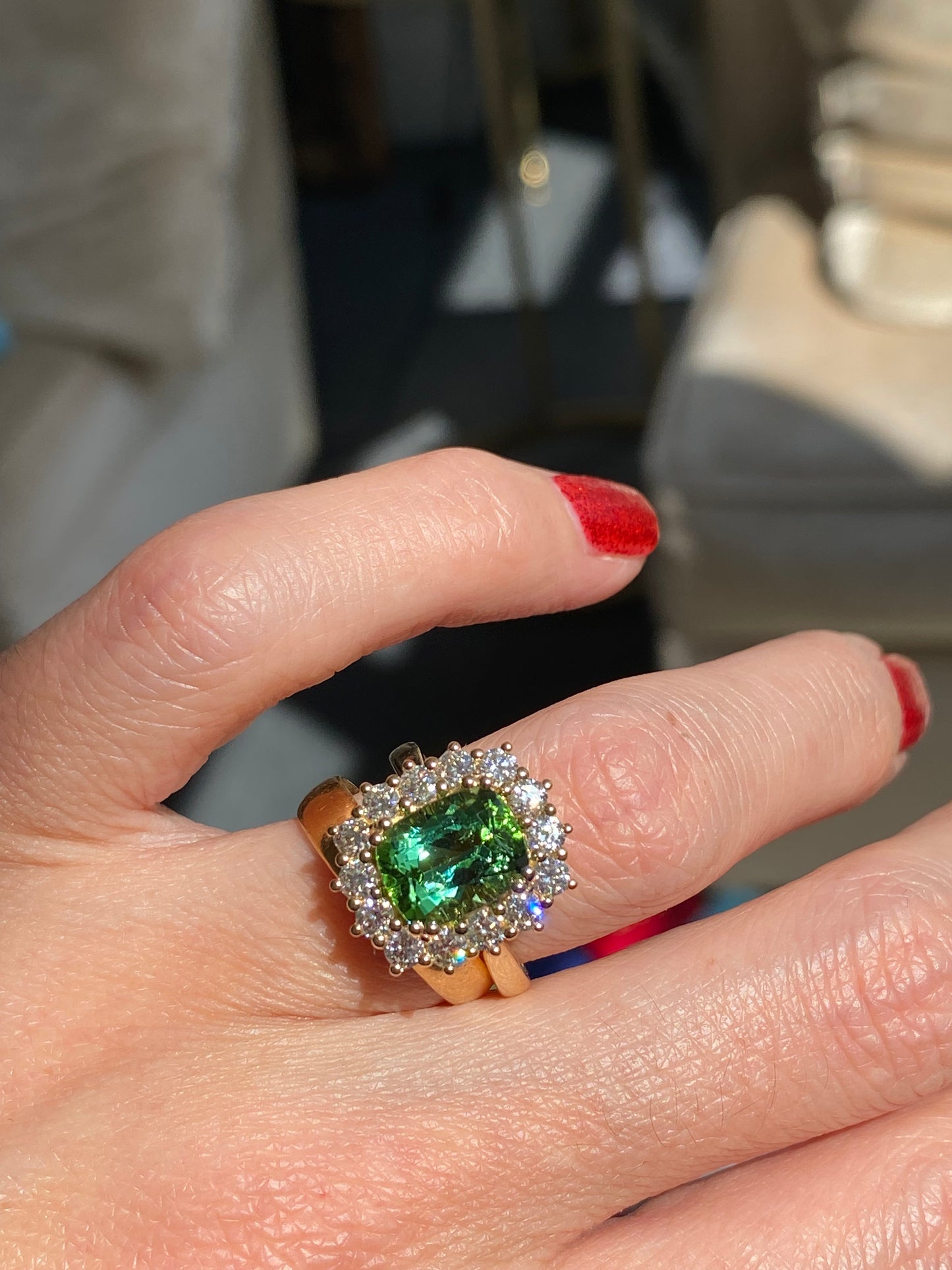 3.02 Carat Green Tourmaline and Natural Diamond Ring in 18ct Yellow Gold