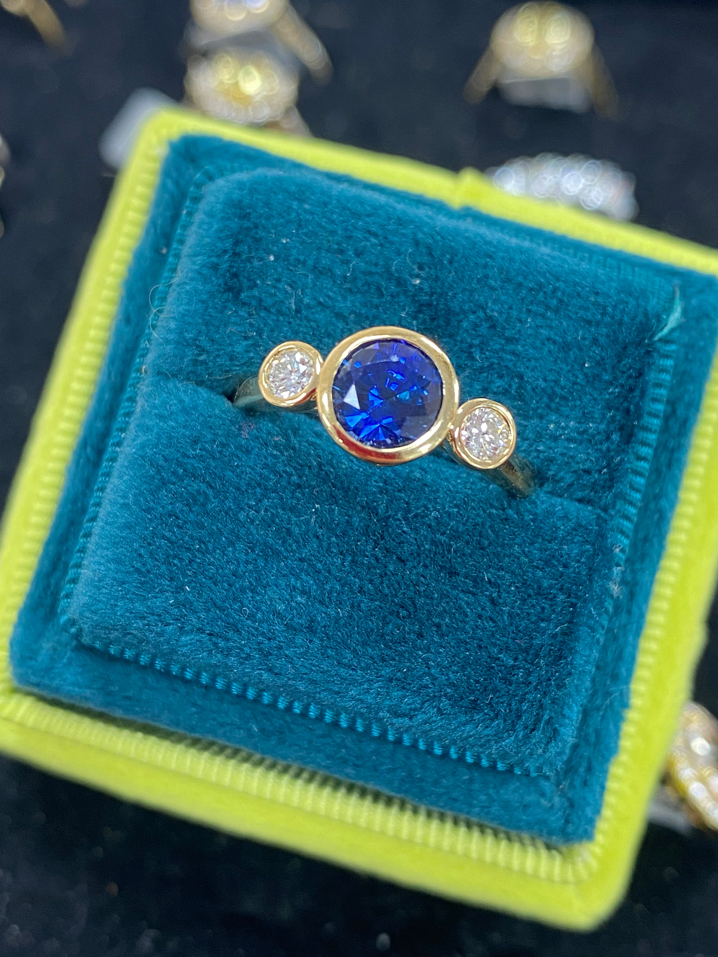 1.41 Carat Blue Ceylon Sapphire and 0.18 CTW Natural Diamond Halo Ring in 18ct Yellow Gold