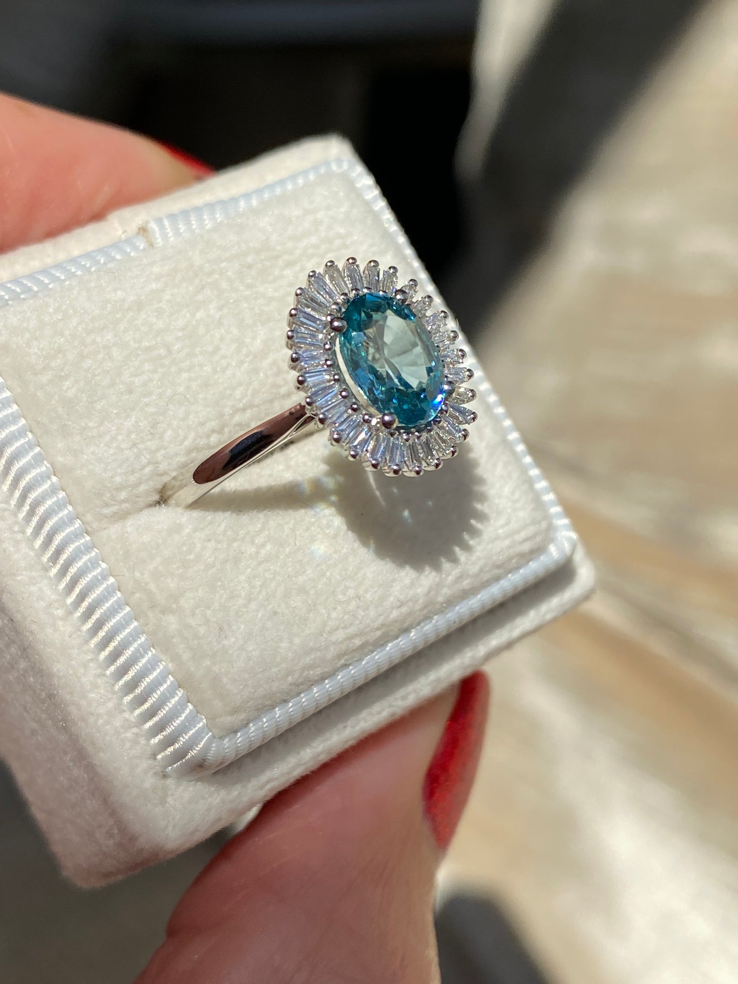 1.70 Carat Blue Zircon and Natural Diamond Starburst Halo Ring in Platinum