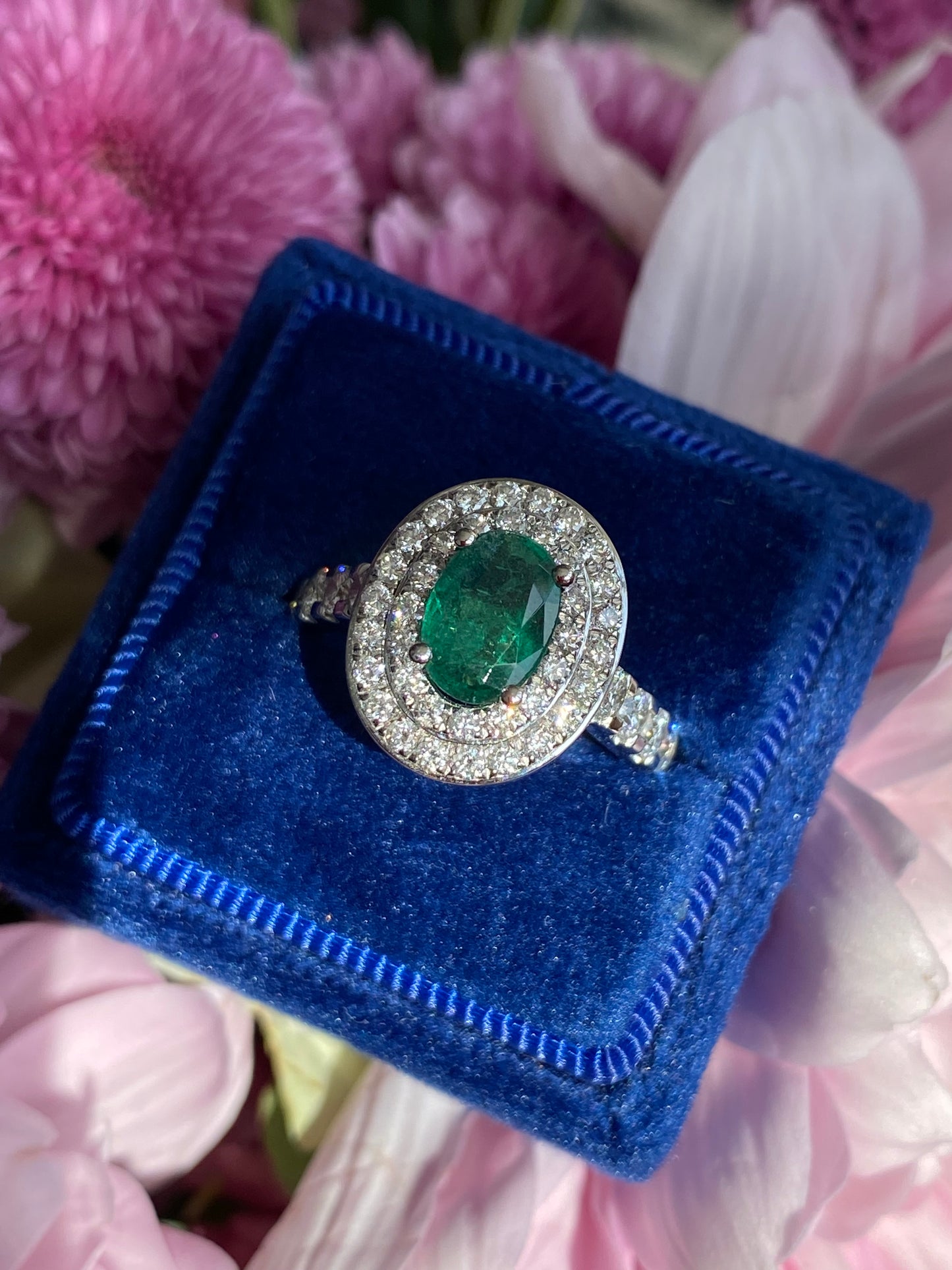 2.22 Ctw Emerald and Natural Diamond Double Halo Ring in Platinum
