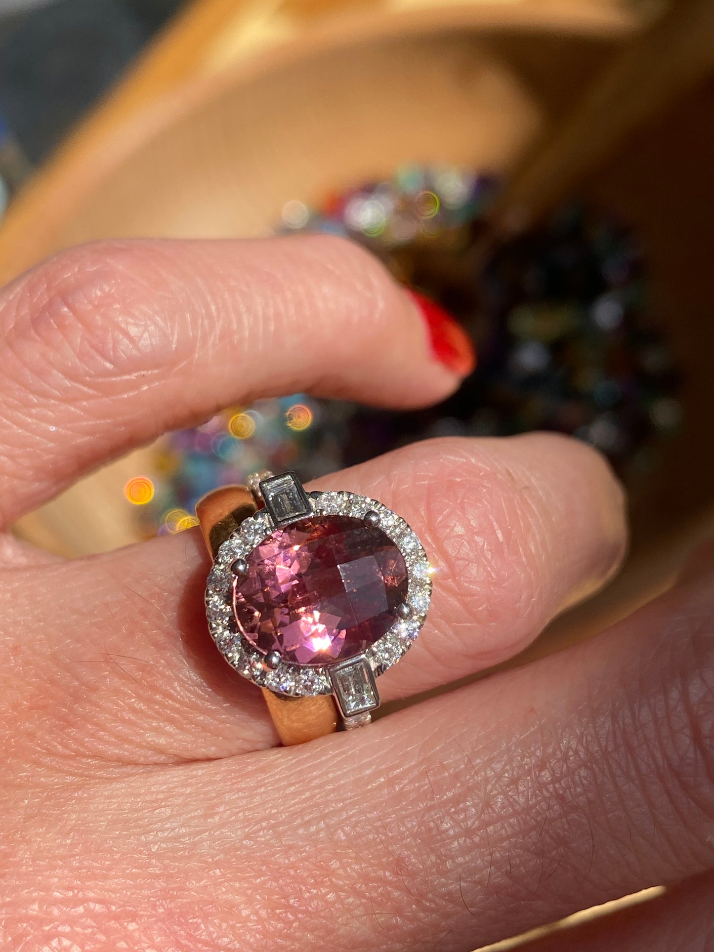 3.47 Carat Chequerboard Cut Pink Tourmaline and Natural Diamond Ring in Platinum