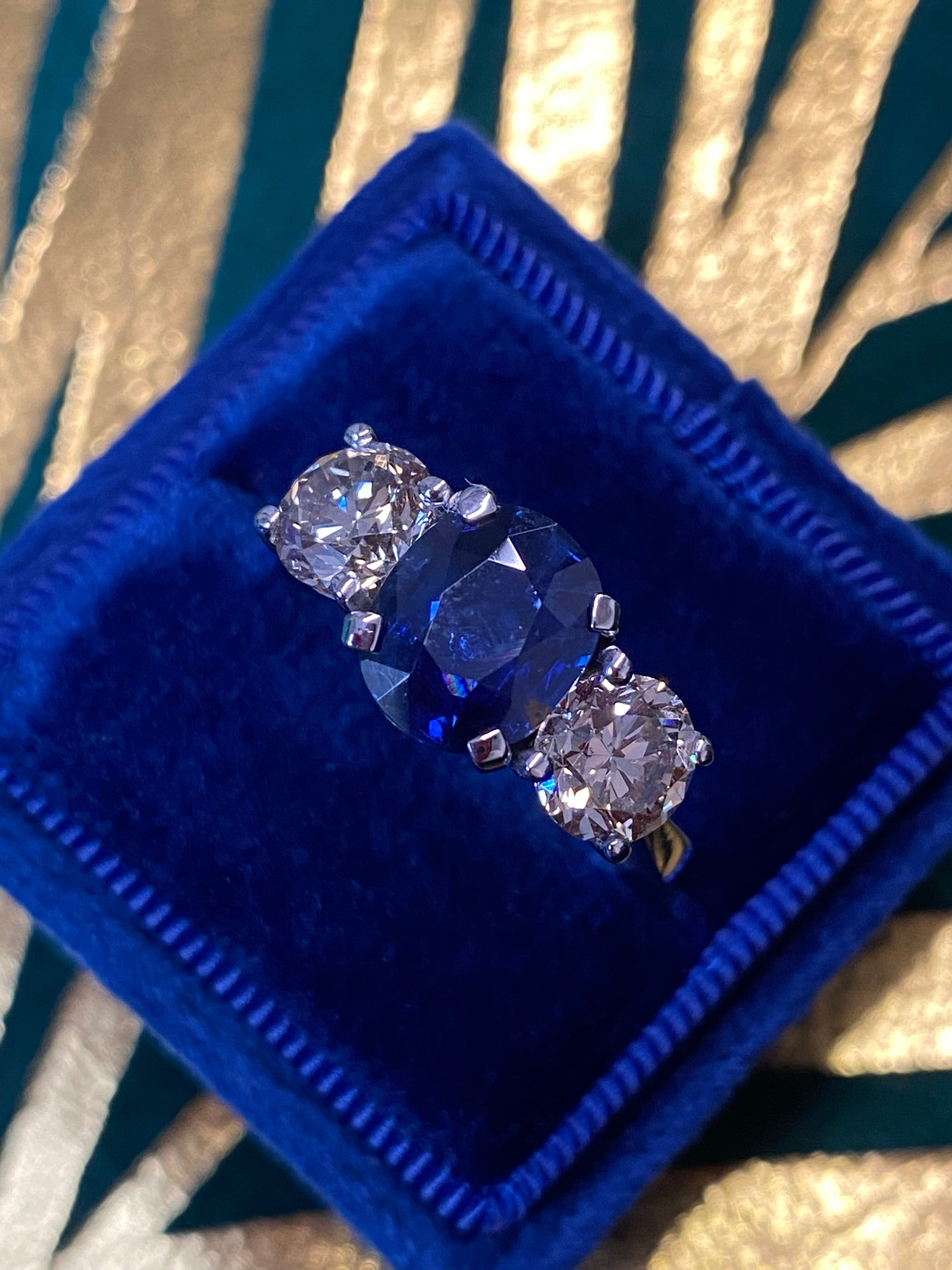 Antique Blue Ceylon Sapphire and Diamond Three Stone