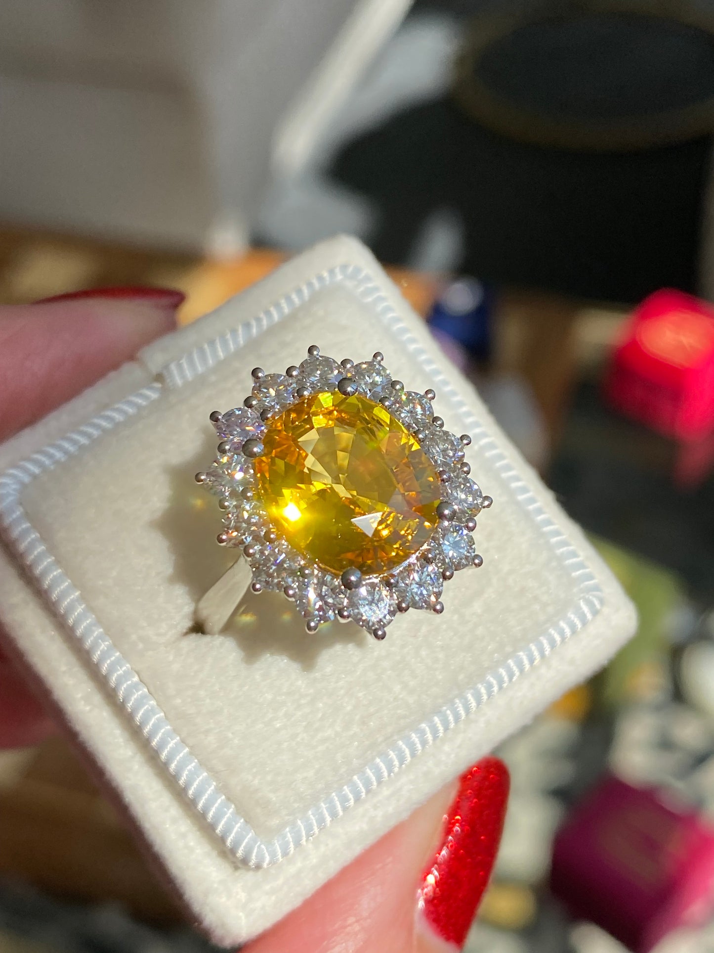 5.54 Carat Yellow Sapphire and 1.36ctw Natural Diamond Ring in Platinum