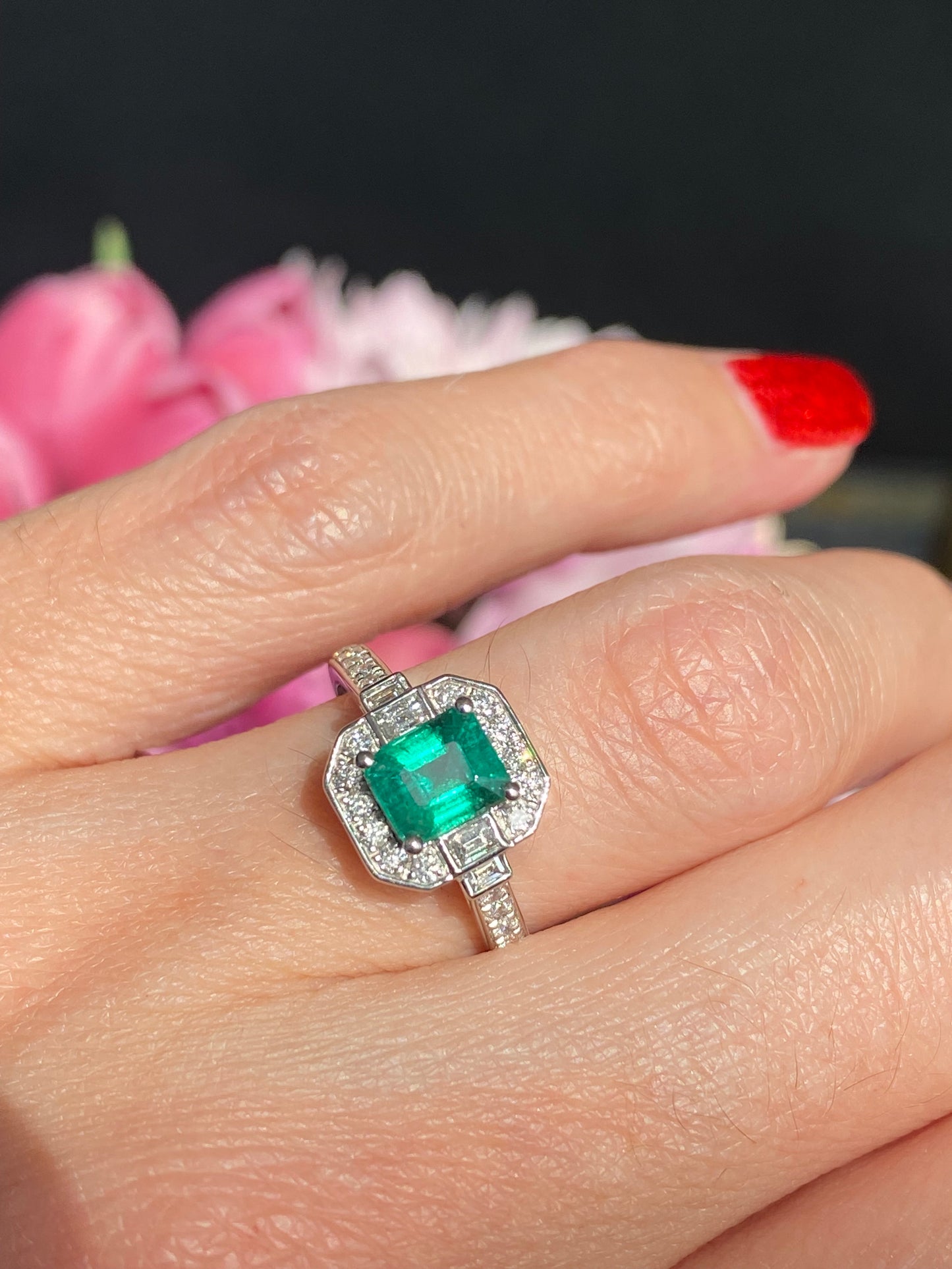 0.87 Carat Colombian Emerald and 0.46 ctw Natural Diamond Ring in Platinum