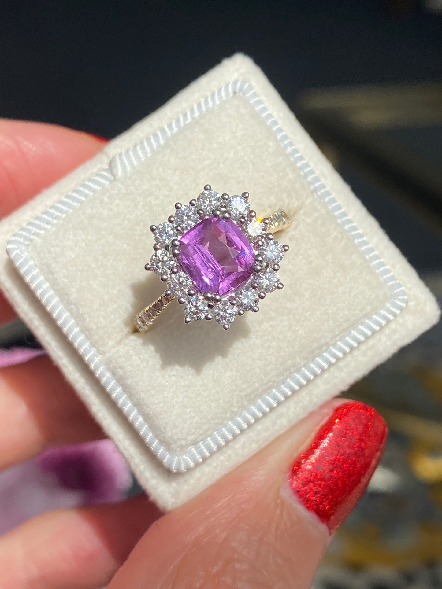 1.65 Carat Purple Sapphire and 0.85ctw Natural Diamond Halo Ring in Platinum and 18ct Gold