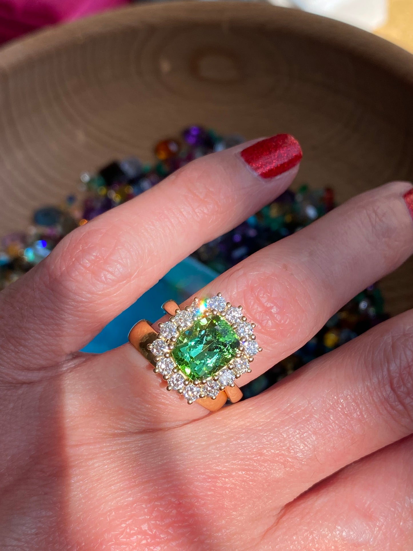 3.02 Carat Green Tourmaline and Natural Diamond Ring in 18ct Yellow Gold