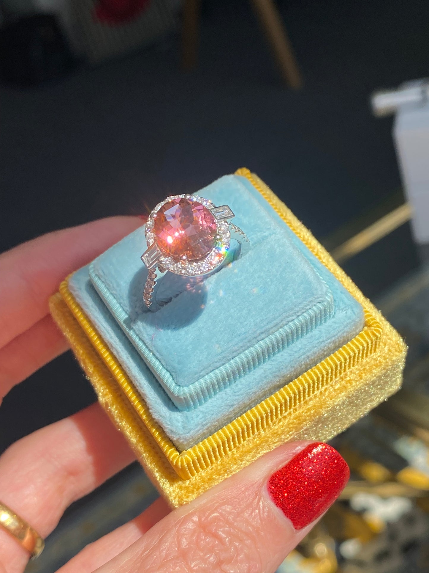 3.47 Carat Chequerboard Cut Pink Tourmaline and Natural Diamond Ring in Platinum