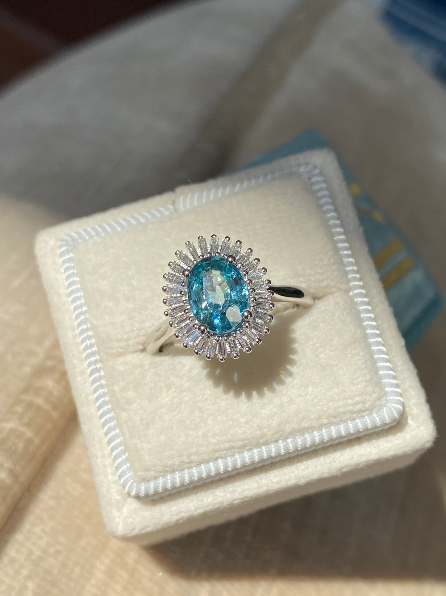 1.70 Carat Blue Zircon and Natural Diamond Starburst Halo Ring in Platinum