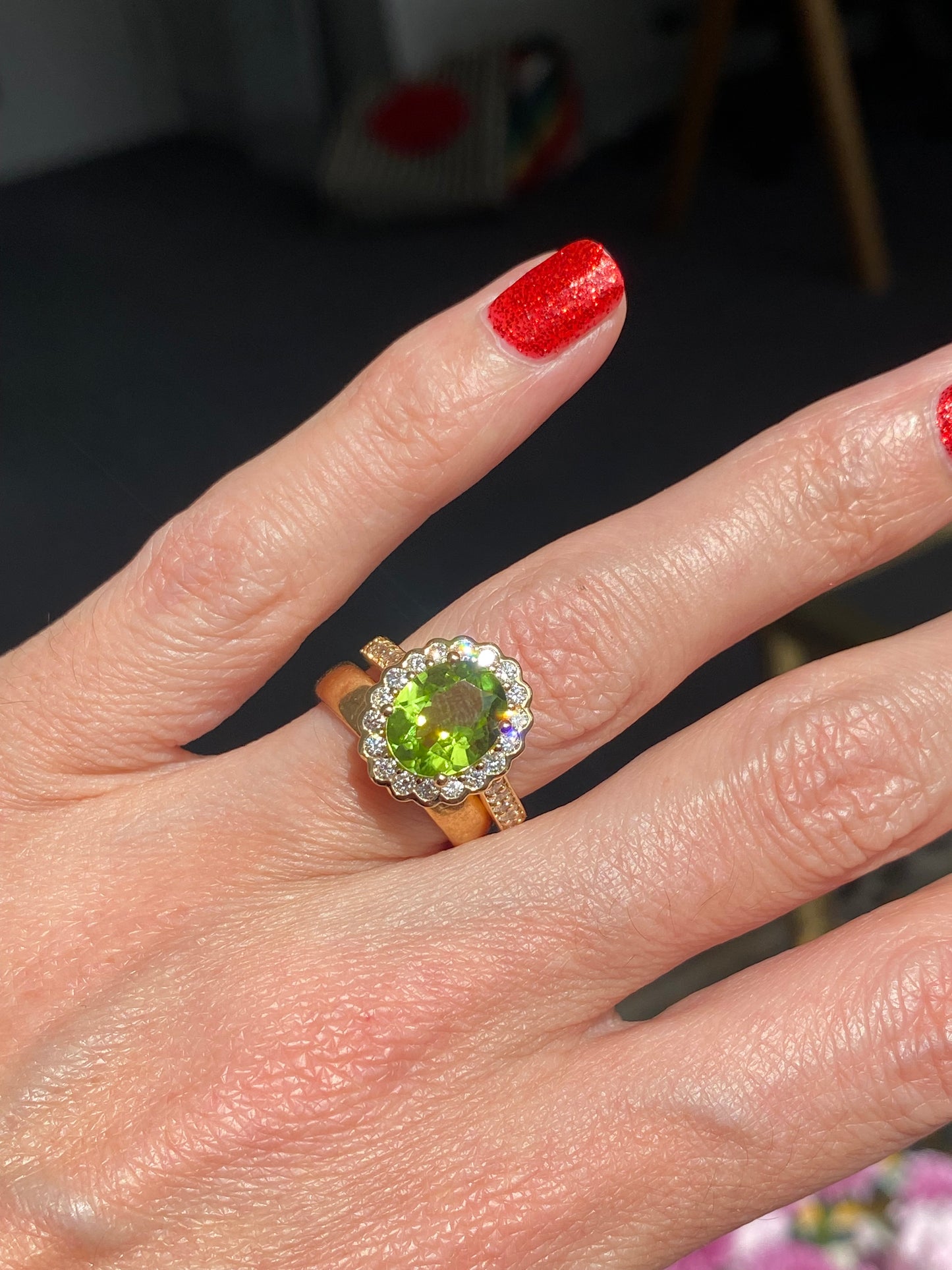 2.96 Carat Peridot and Natural Diamond Halo Ring in 18ct Yellow Gold