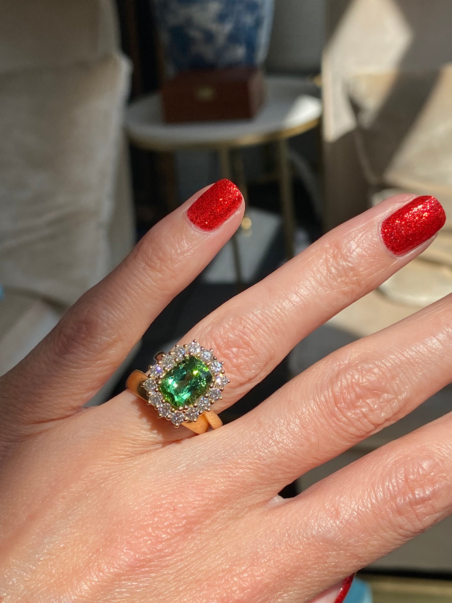 3.02 Carat Green Tourmaline and Natural Diamond Ring in 18ct Yellow Gold