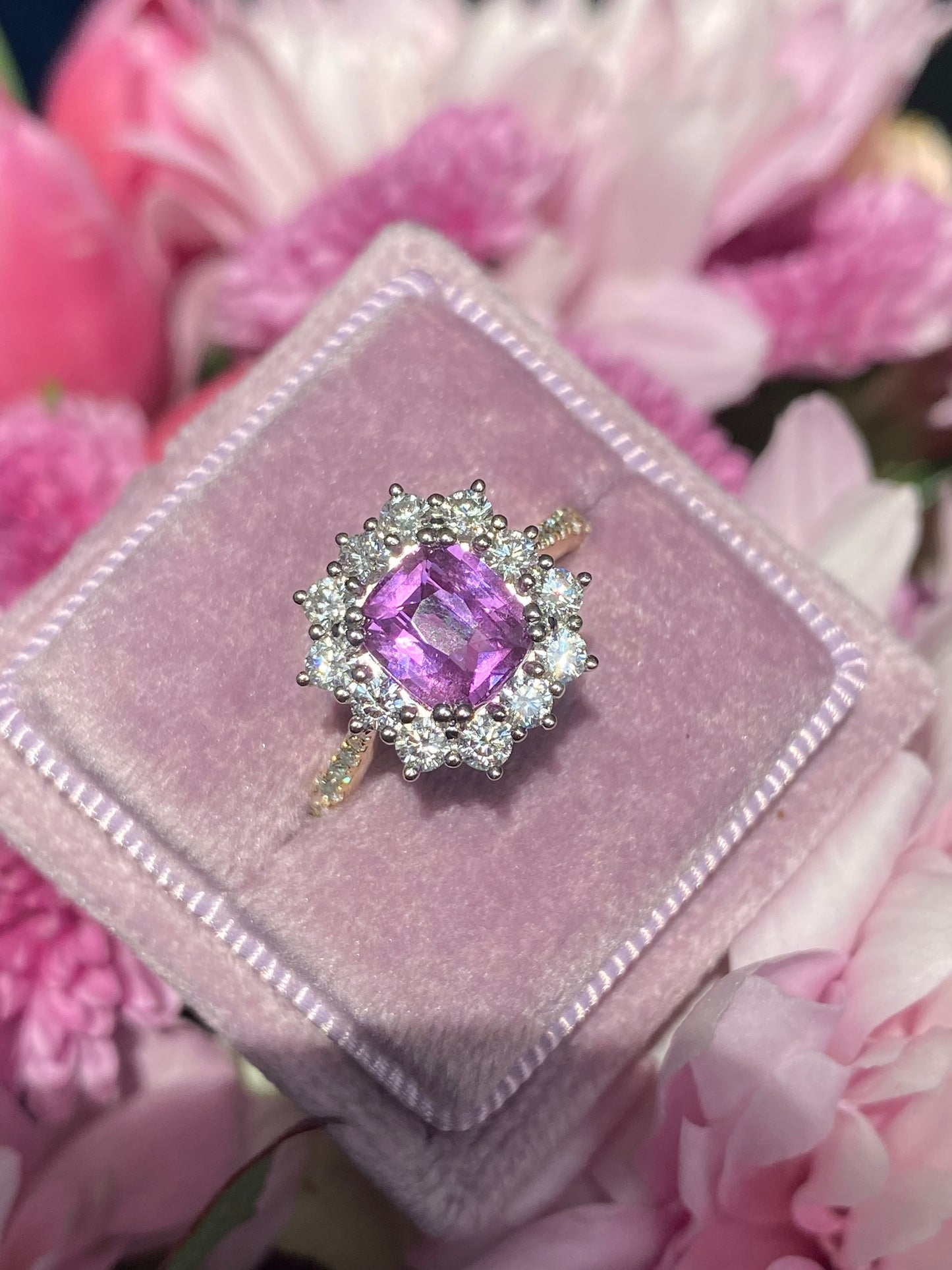 1.65 Carat Purple Sapphire and 0.85ctw Natural Diamond Halo Ring in Platinum and 18ct Gold