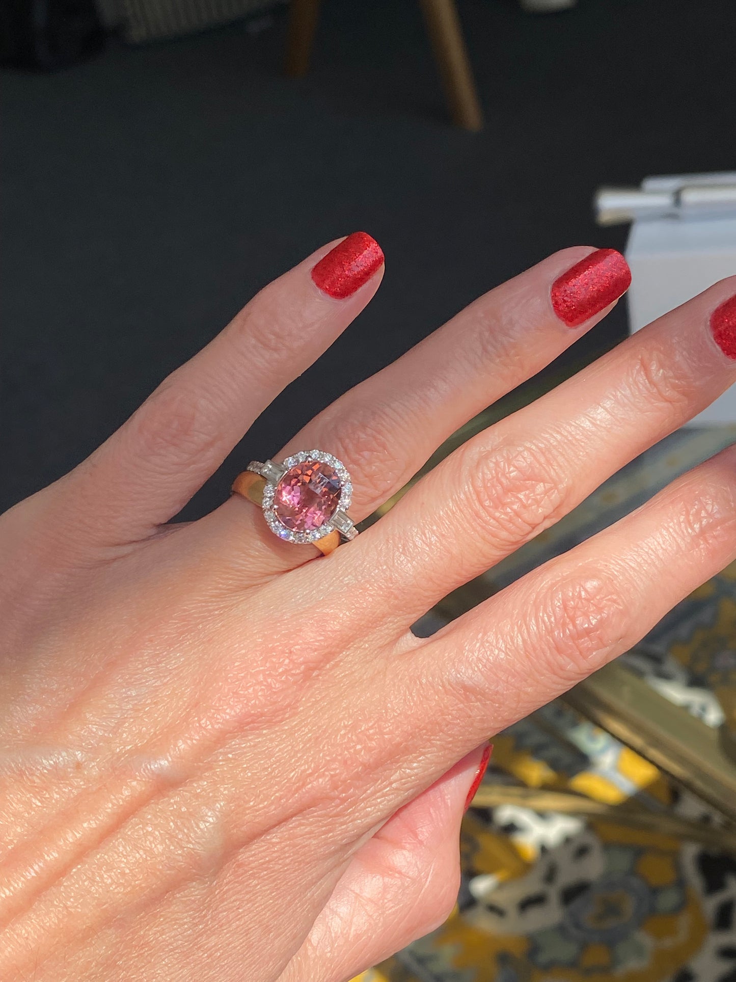 3.47 Carat Chequerboard Cut Pink Tourmaline and Natural Diamond Ring in Platinum