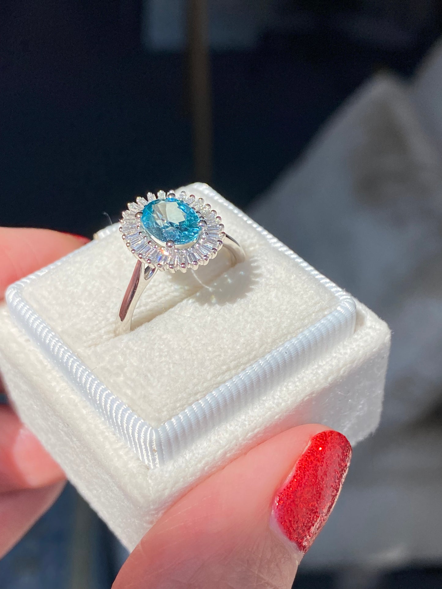 1.70 Carat Blue Zircon and Natural Diamond Starburst Halo Ring in Platinum