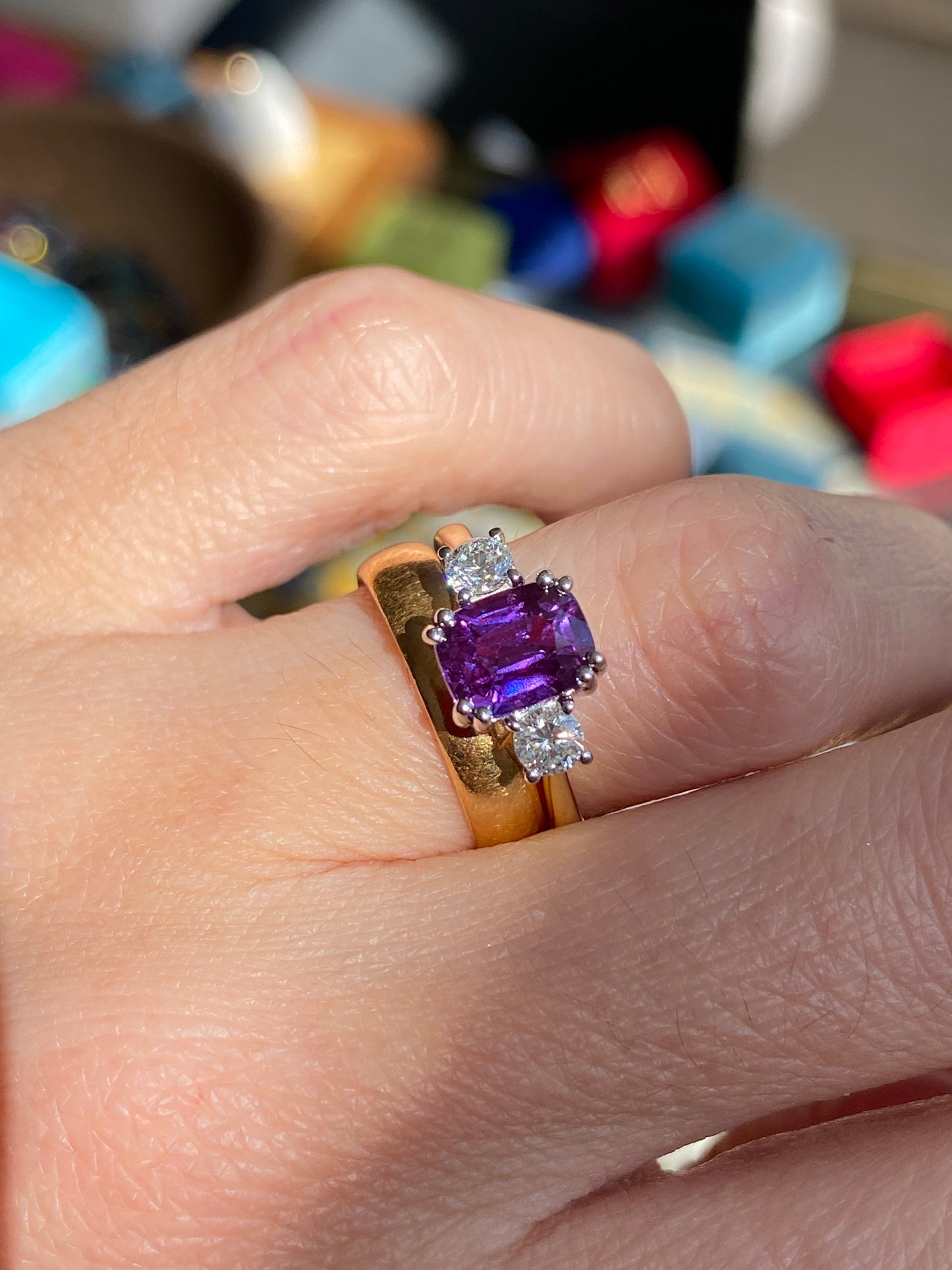2.16 Carat Purple Sapphire and 0.38ctw Natural Diamond Three Stone Ring in Platinum and 18ct Gold