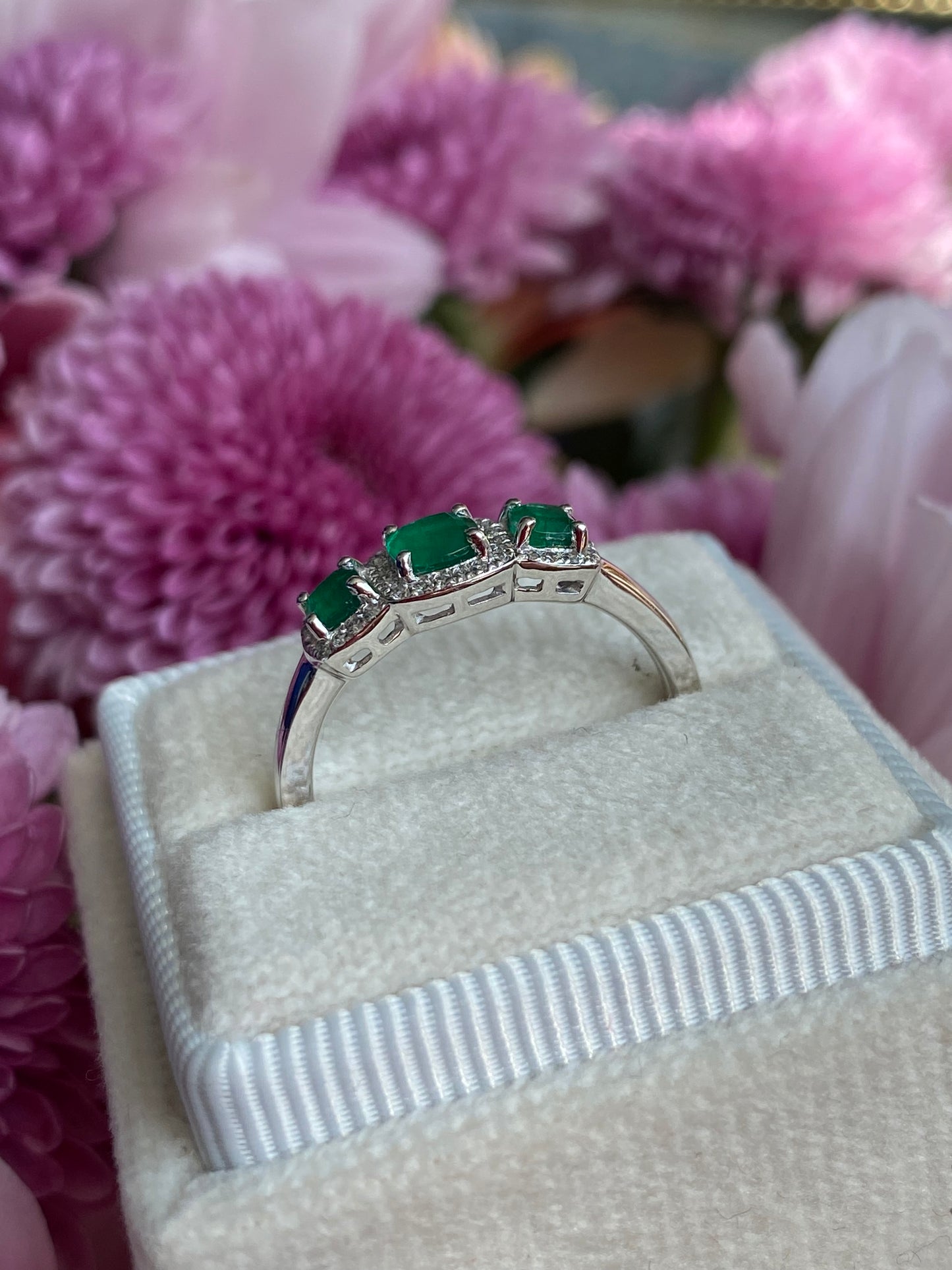 0.65ctw Emerald and Diamond Three Stone Halo Ring in Platinum