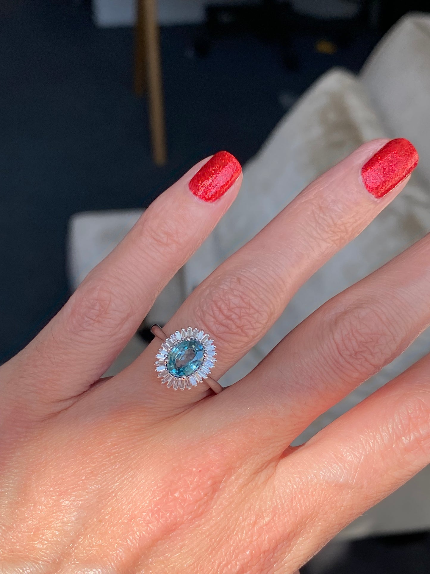 1.70 Carat Blue Zircon and Natural Diamond Starburst Halo Ring in Platinum