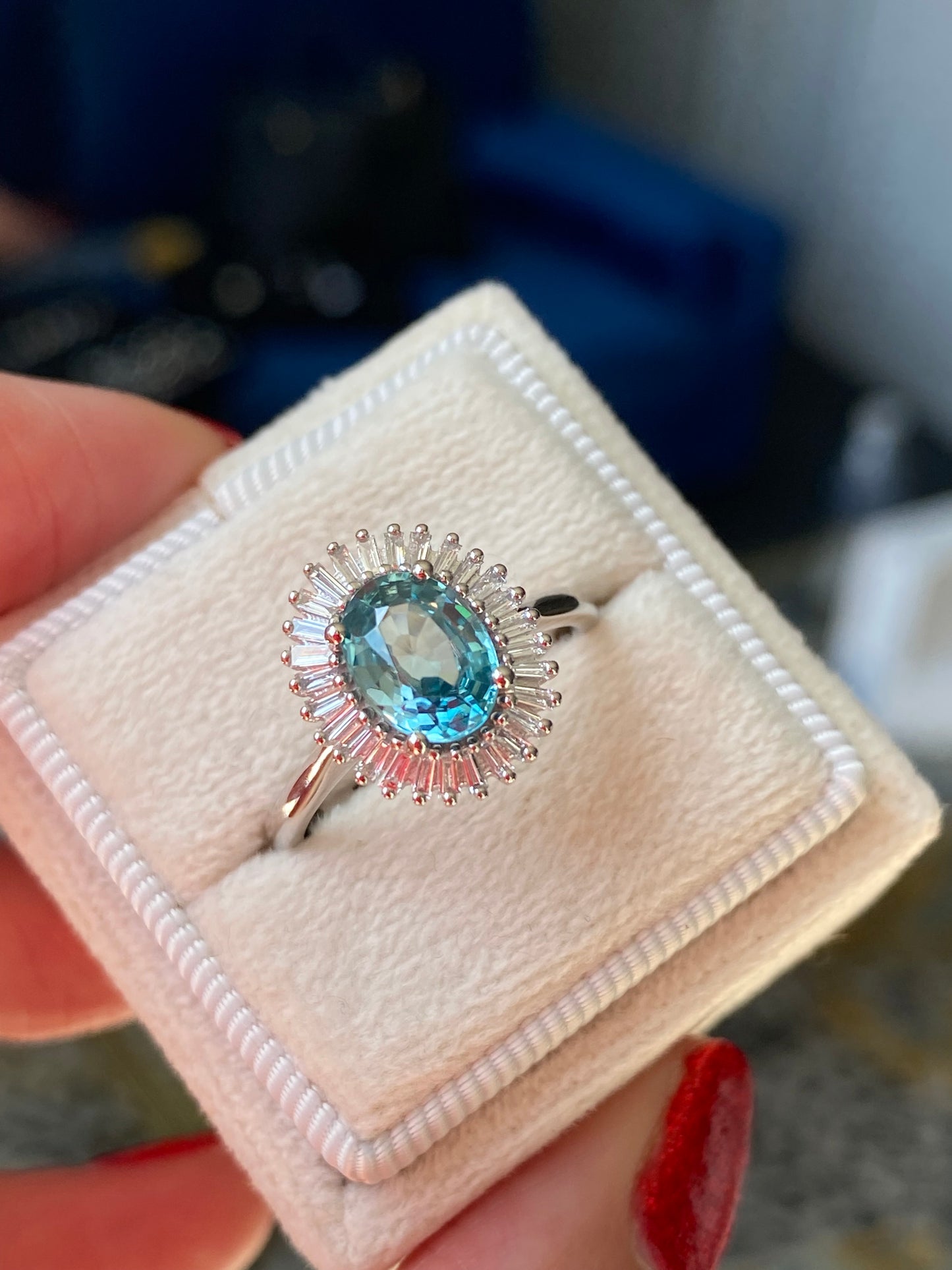 1.70 Carat Blue Zircon and Natural Diamond Starburst Halo Ring in Platinum