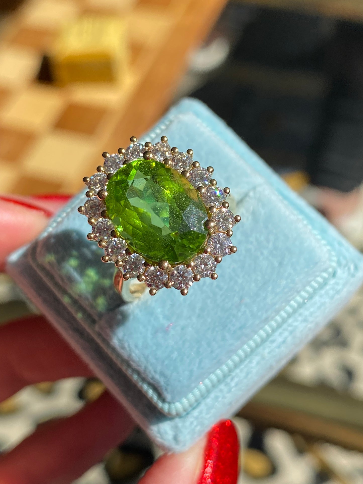 6.27 Carat Peridot and 1.28ctw Natural Diamond Ring in 18ct Yellow Gold