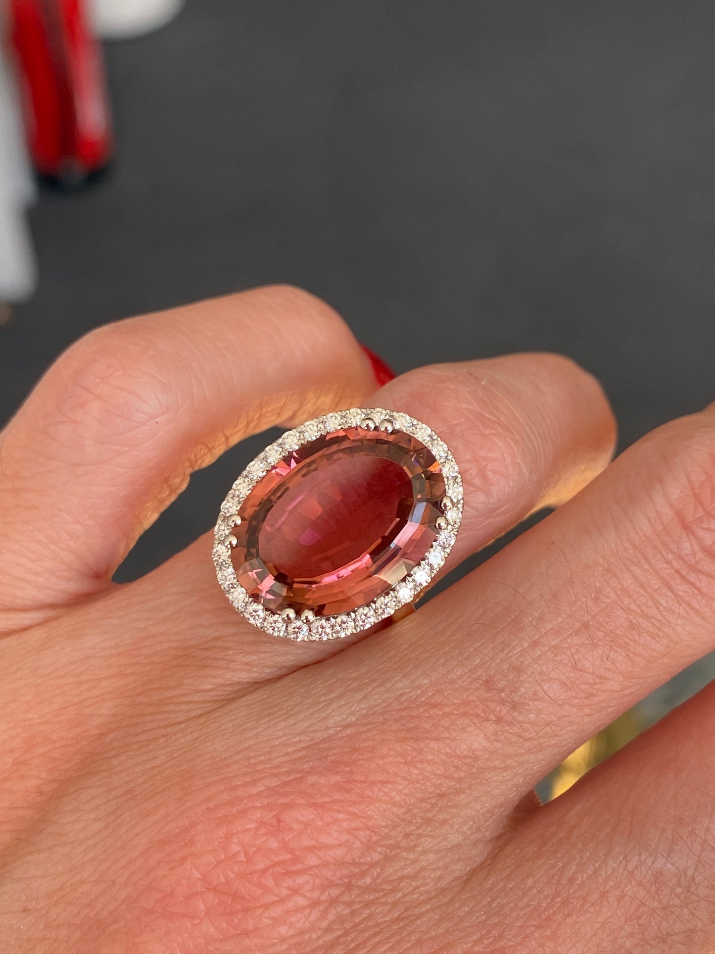 11.48 Carat Pink Tourmaline and Natural Diamond Ring in Platinum and 18ct Yellow Gold