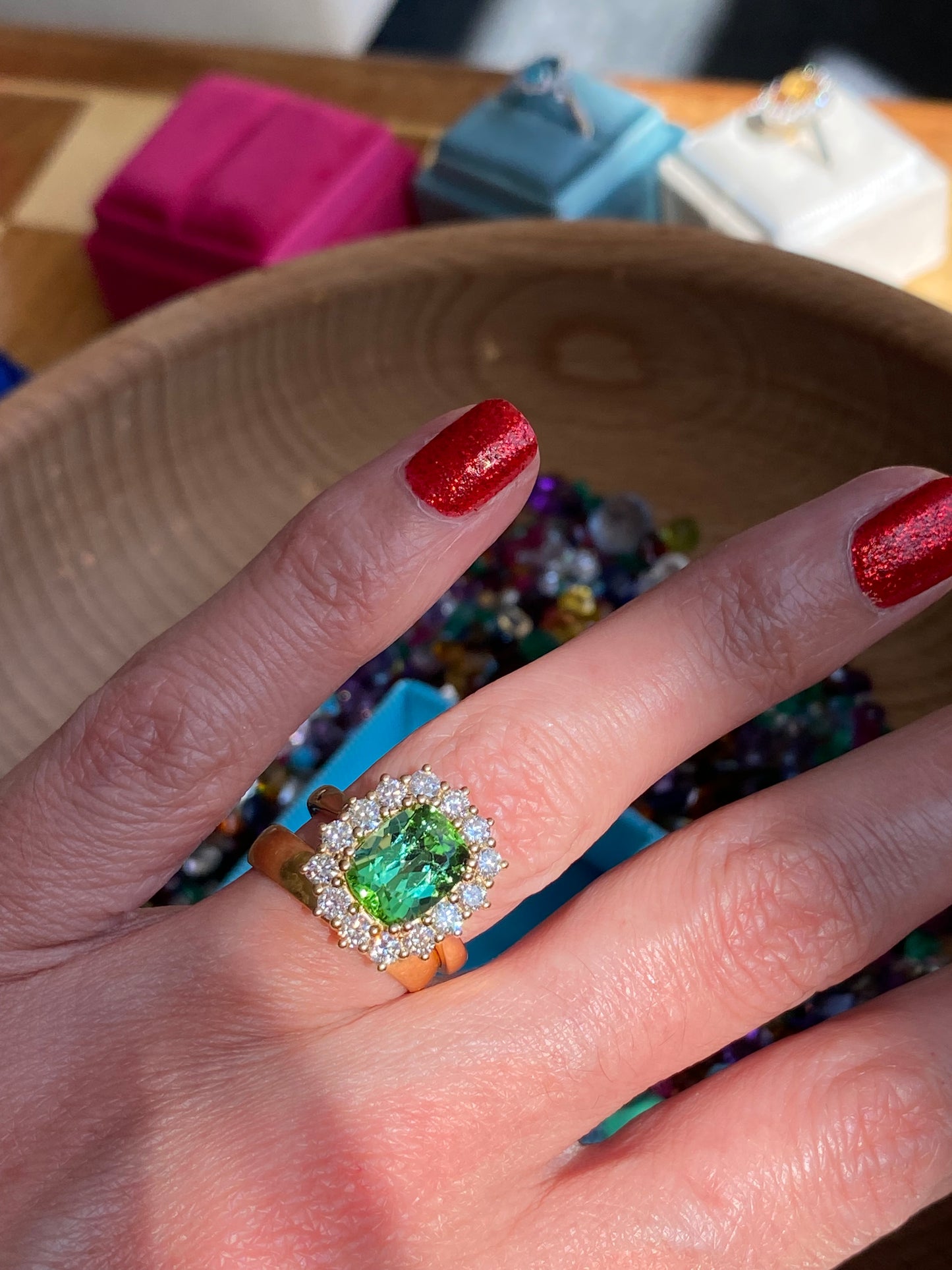 3.02 Carat Green Tourmaline and Natural Diamond Ring in 18ct Yellow Gold