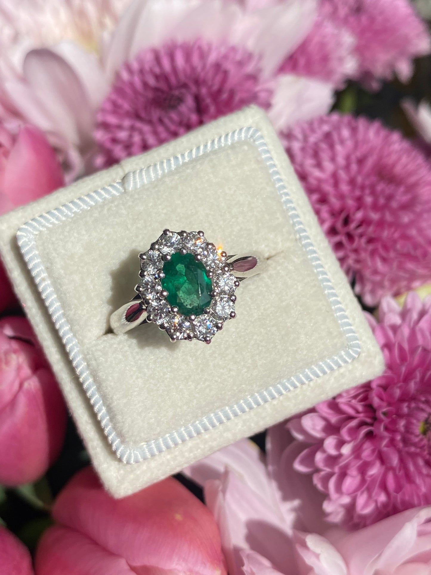 0.60 Carat Emerald and 0.66 ctw Natural Diamond Halo Engagement Ring in Platinum