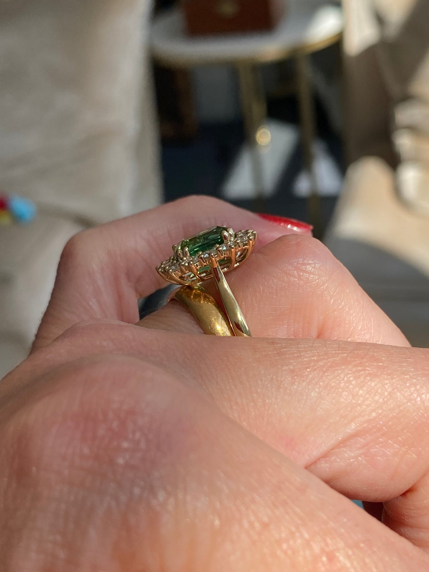 3.02 Carat Green Tourmaline and Natural Diamond Ring in 18ct Yellow Gold
