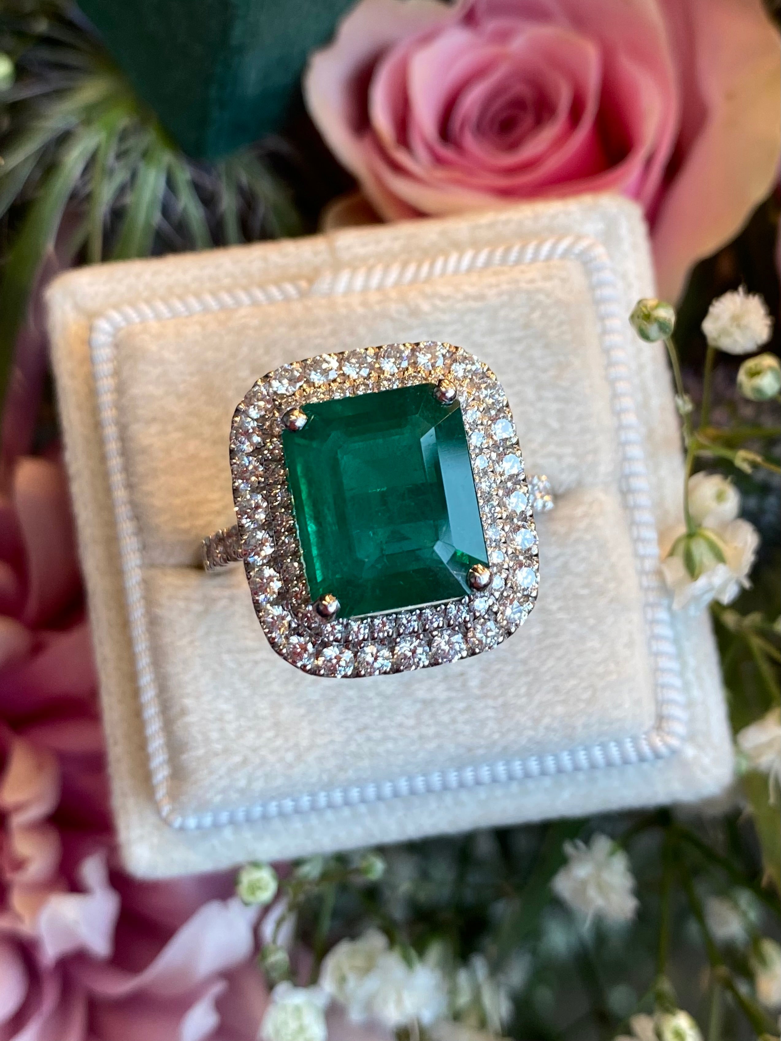 6.07 Carat Emerald Cut Emerald and Diamond Halo Ring in Platinum