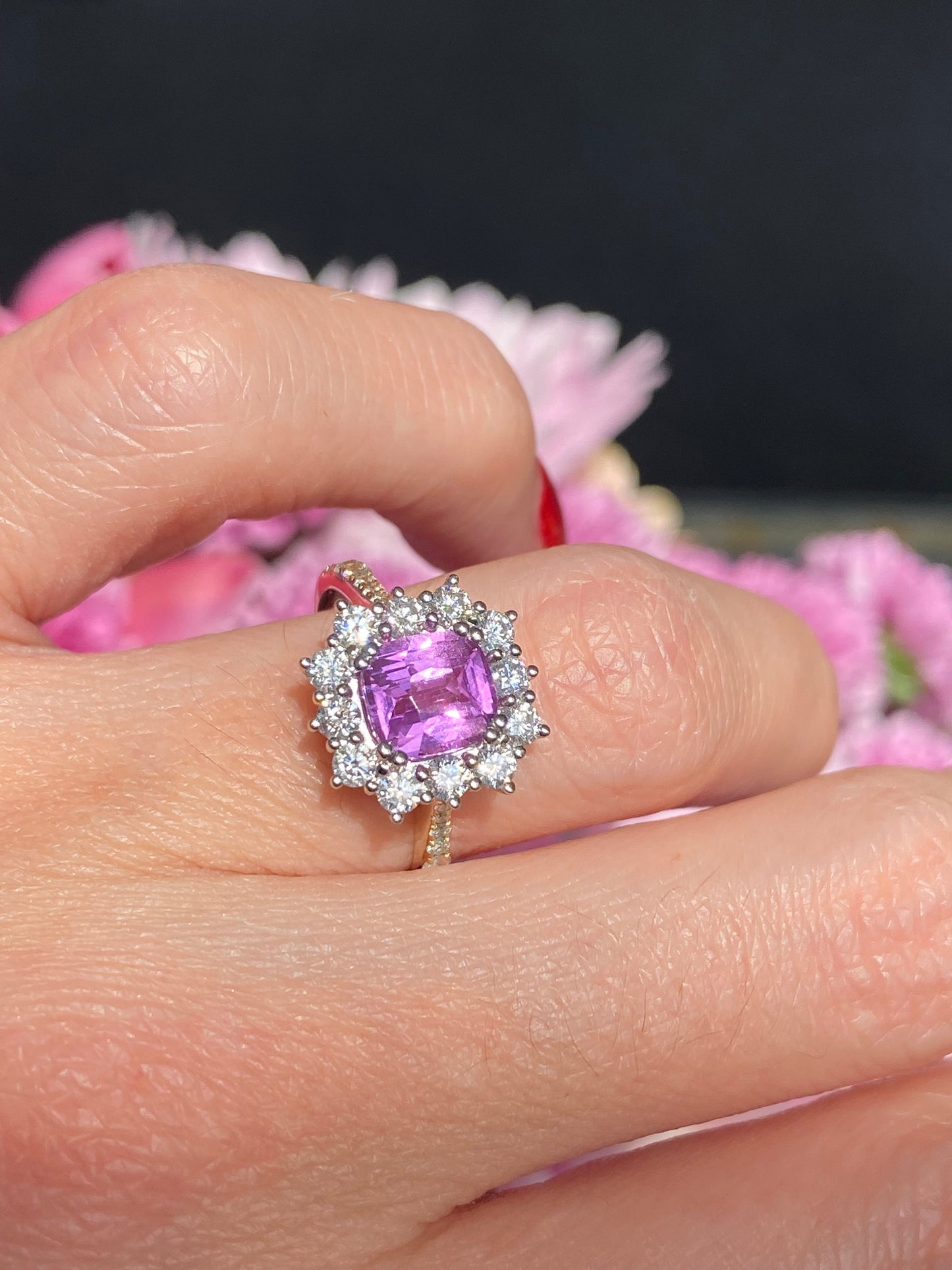 1.65 Carat Purple Sapphire and 0.85ctw Natural Diamond Halo Ring in Platinum and 18ct Gold