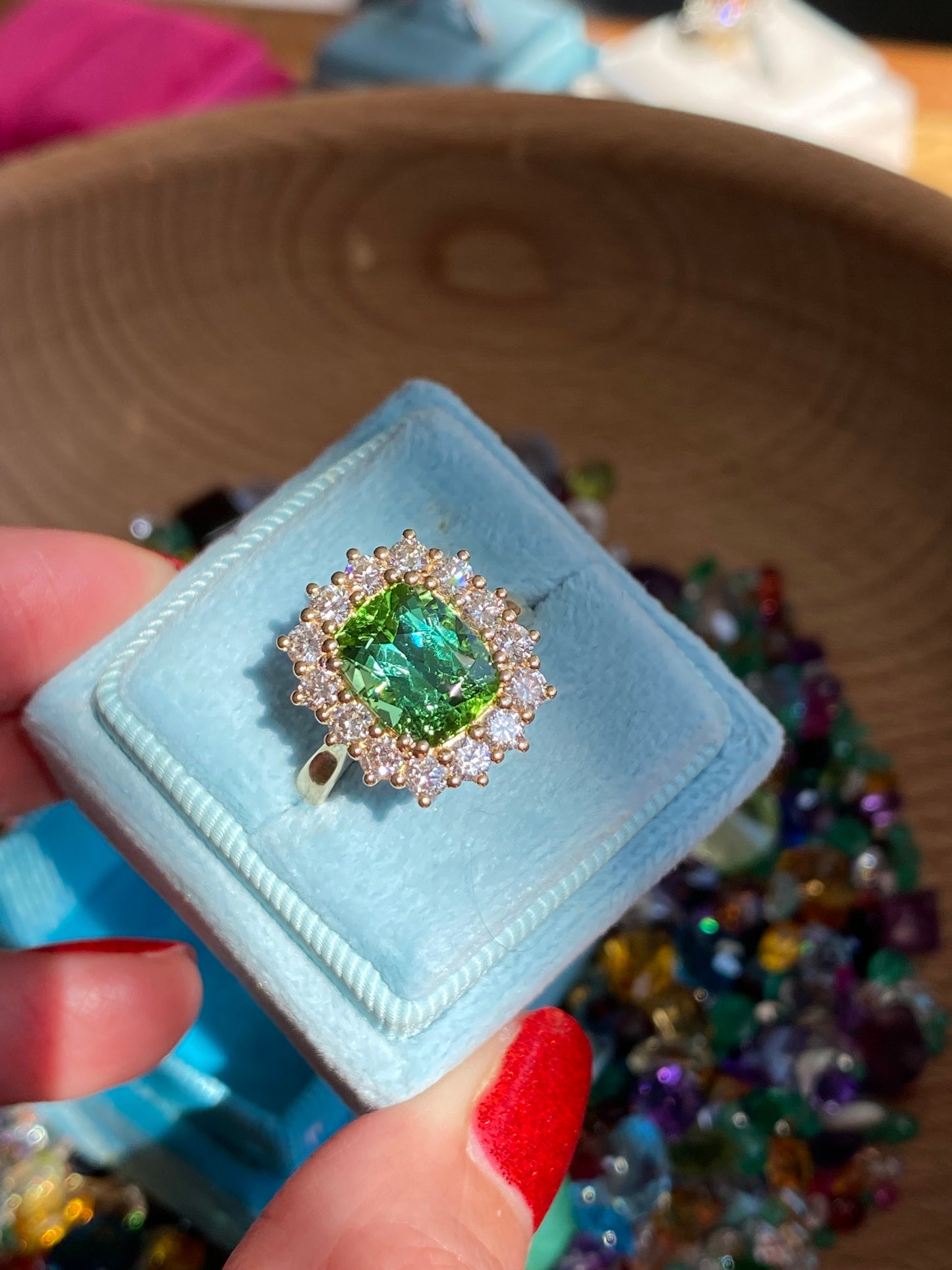 3.02 Carat Green Tourmaline and Natural Diamond Ring in 18ct Yellow Gold