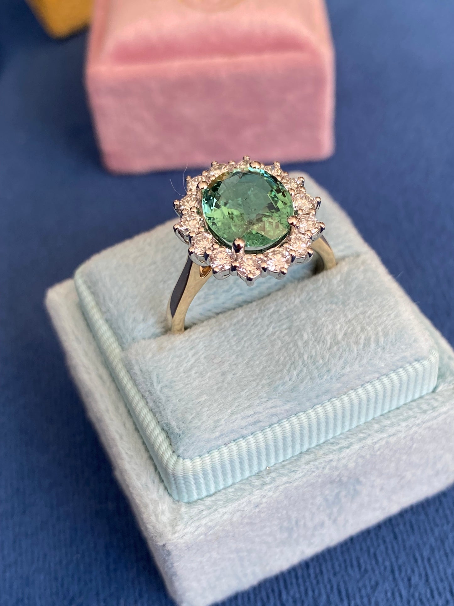 3.06 Carat Blue Tourmaline and Natural Diamond Halo Ring in Platinum and 18ct Yellow Gold