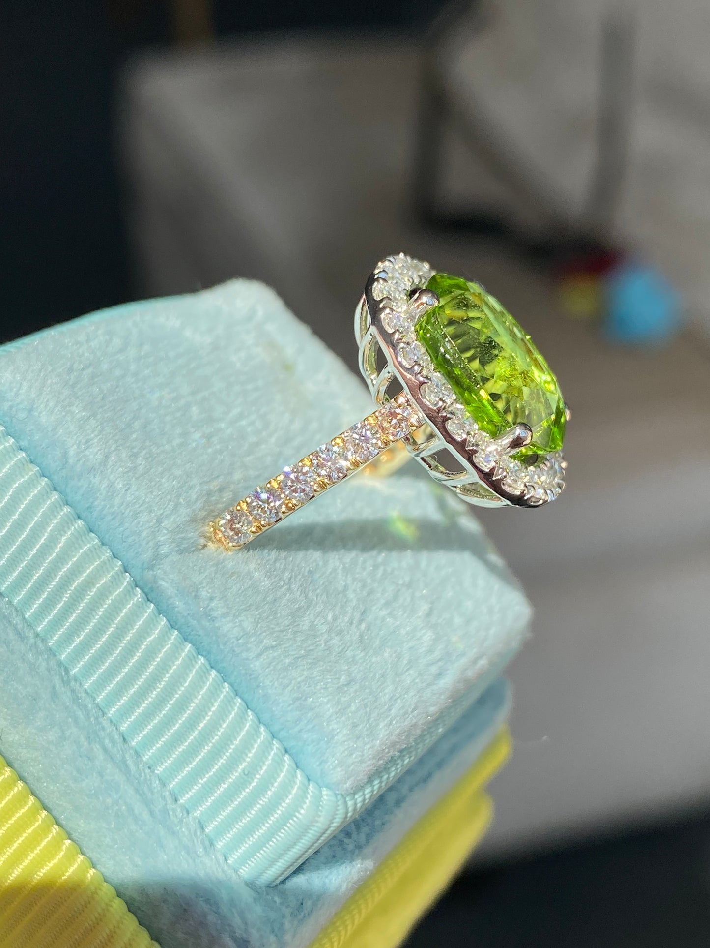 5.22 Carat Peridot and 0.97ctw Natural Diamond Ring in Platinum and 18ct Yellow Gold