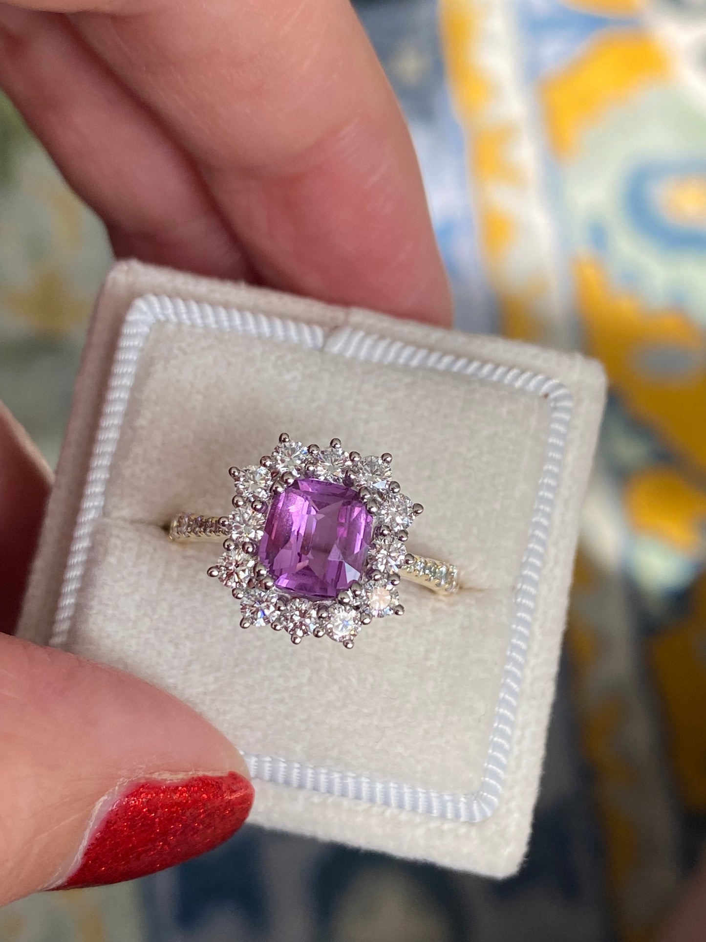 1.65 Carat Purple Sapphire and 0.85ctw Natural Diamond Halo Ring in Platinum and 18ct Gold