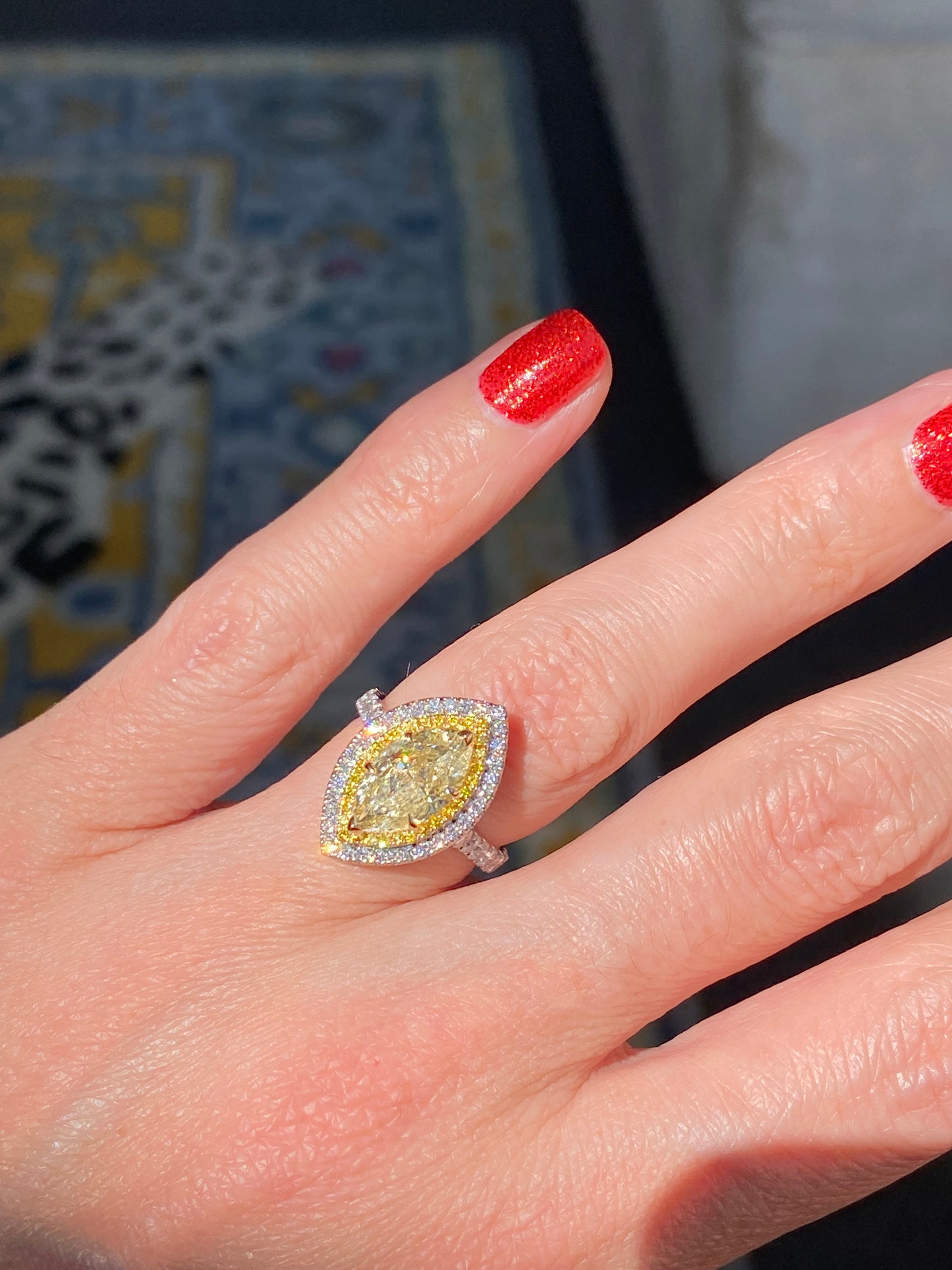 3.21 ctw Marquise Cut Natural Yellow Diamond Engagement Ring in Platinum and 18ct Yellow Gold
