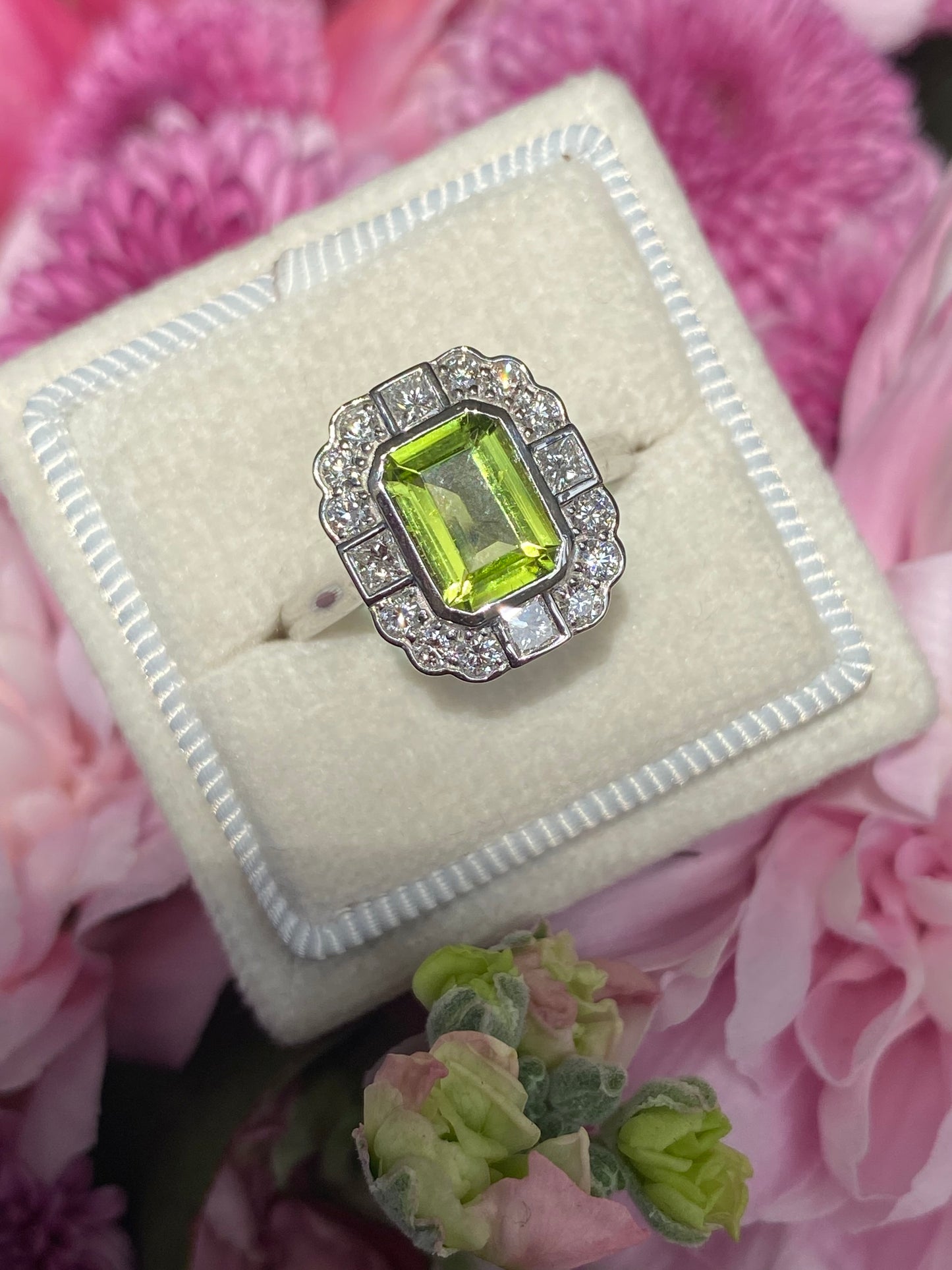 1.32 Carat Peridot and Natural Diamond Ring in Platinum